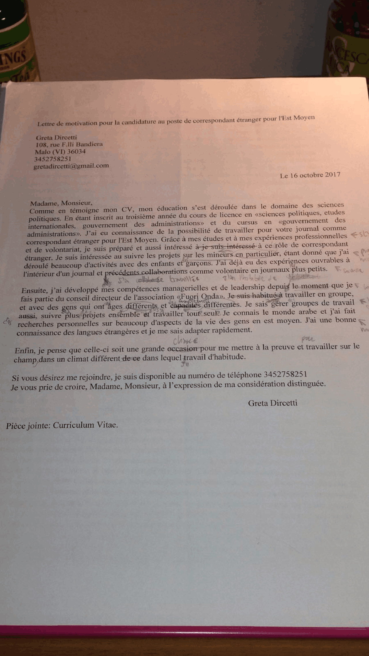 Lettera di motivazione in francese - Docsity