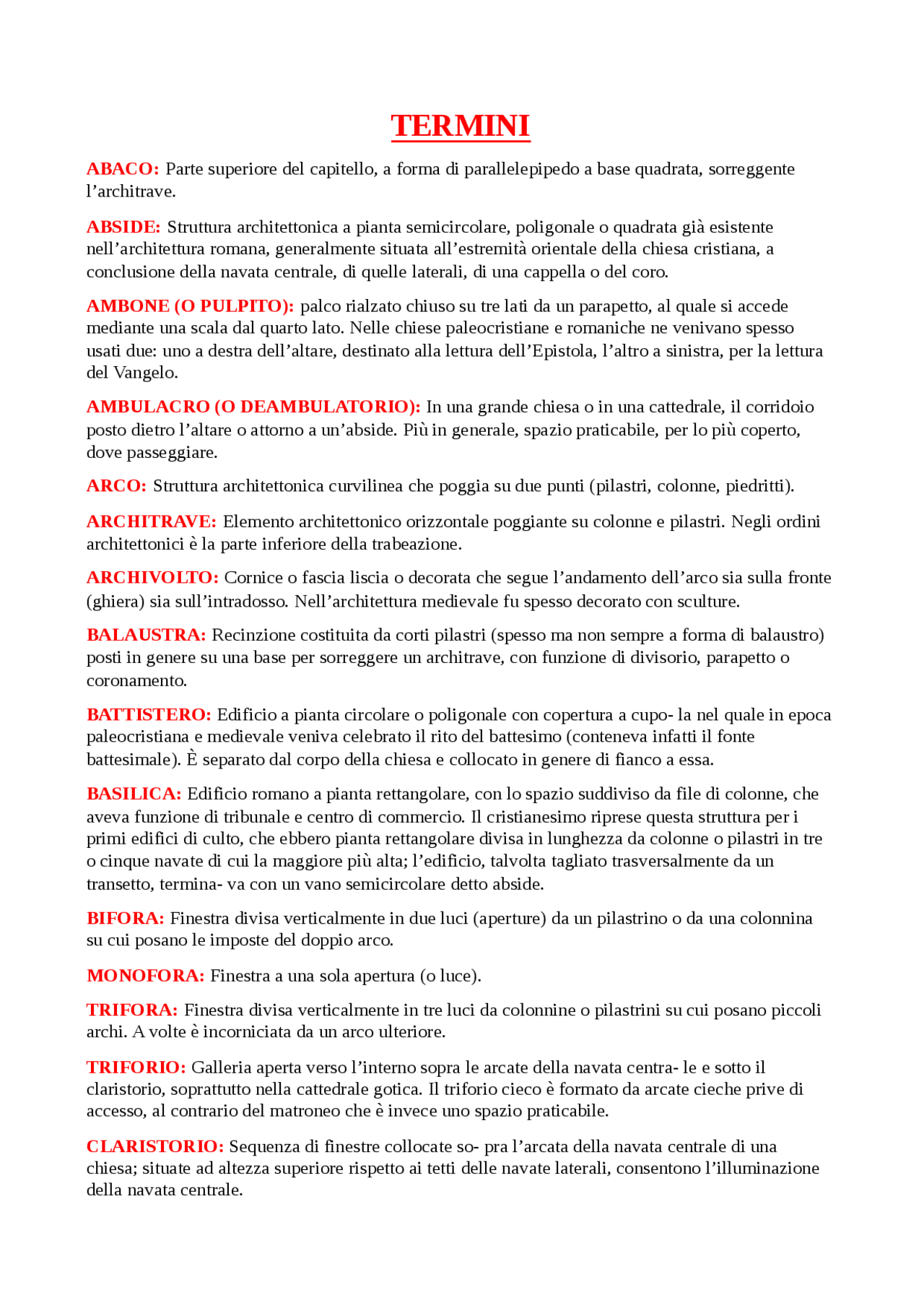 Termini con spiegazione fondamentali Storia dell'Arte - Docsity