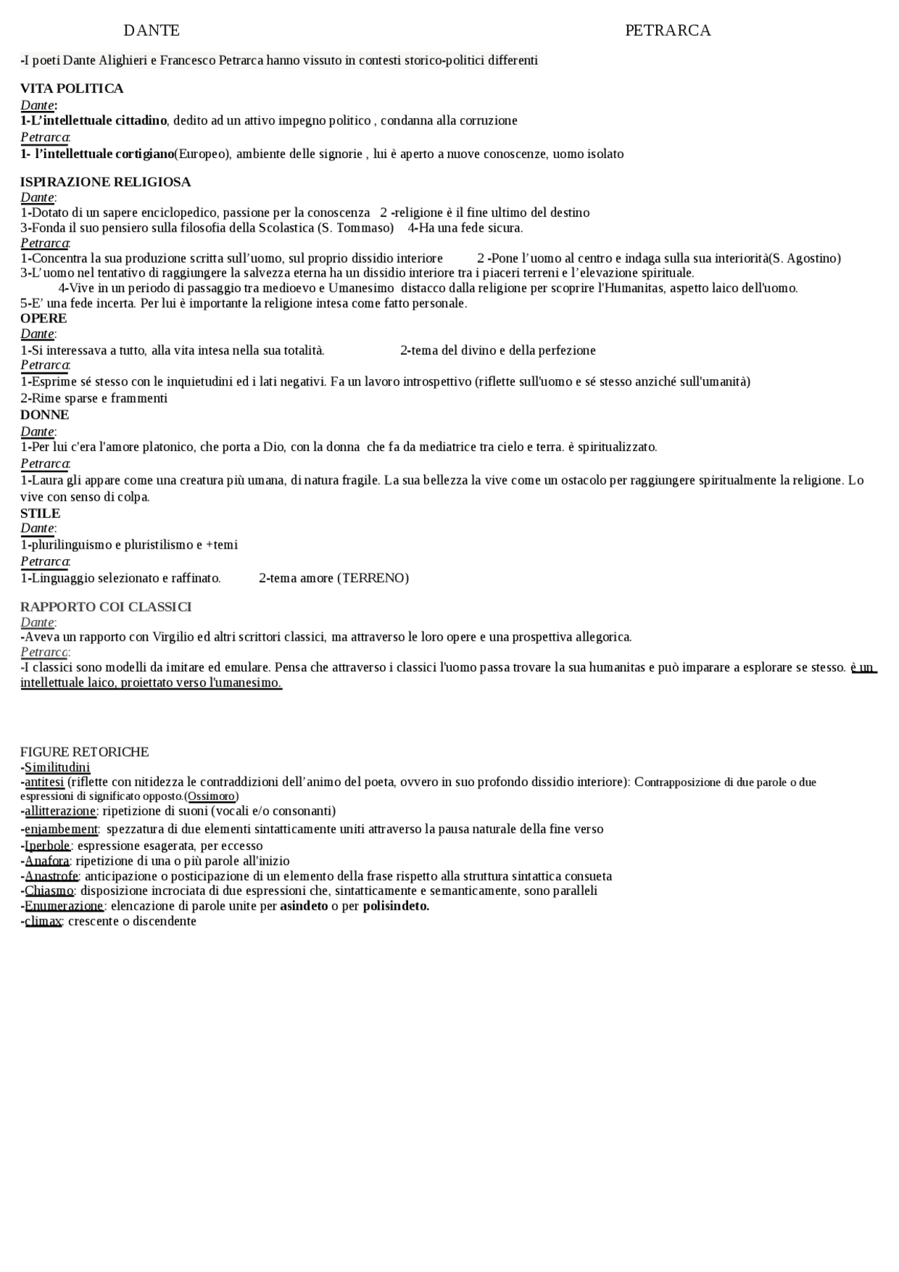 Dante E Petrarca A Confronto Schema