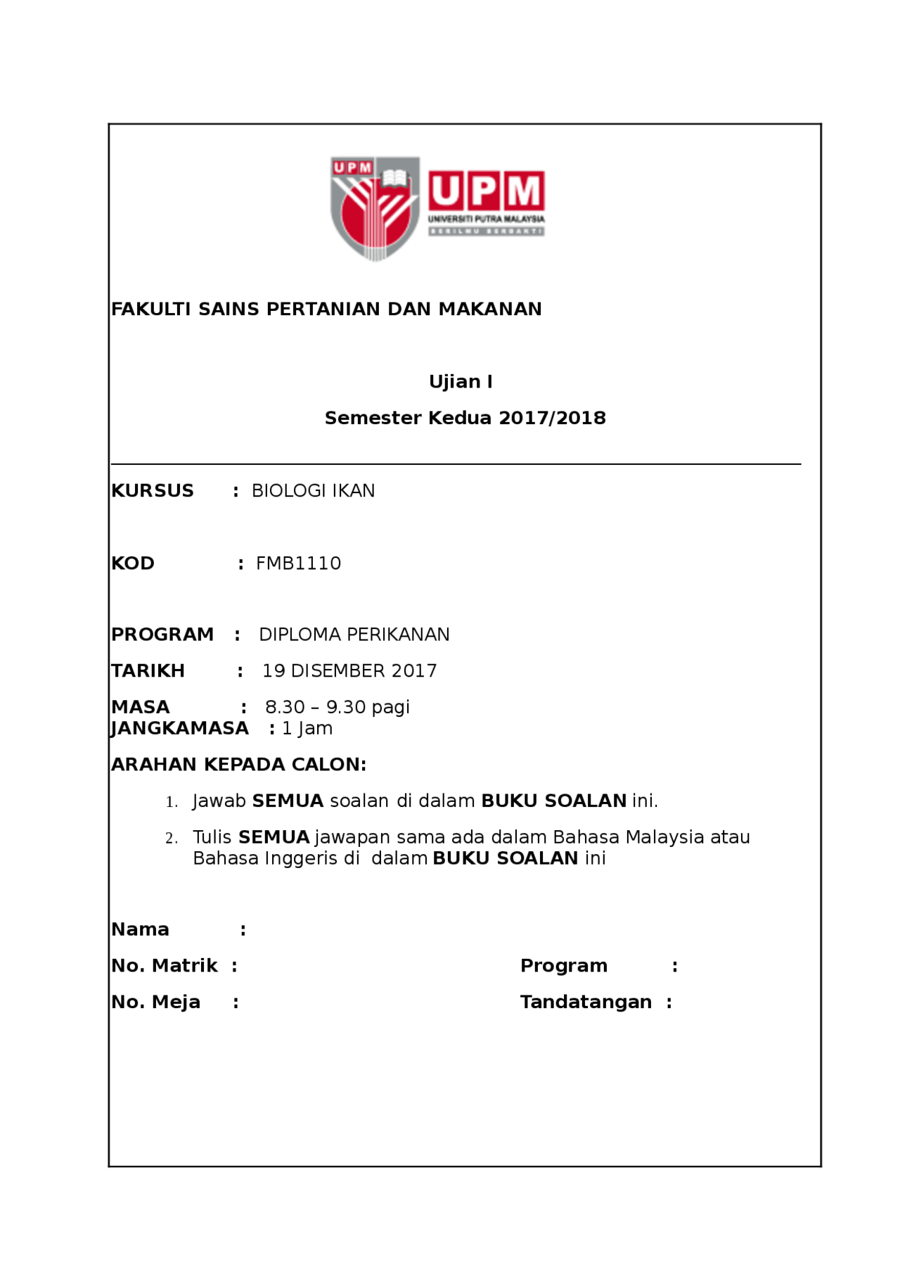 Biologi Ikan Kod Fmb1110 Program Diploma Perikanan Tarikh 19 Disember 2017 Docsity
