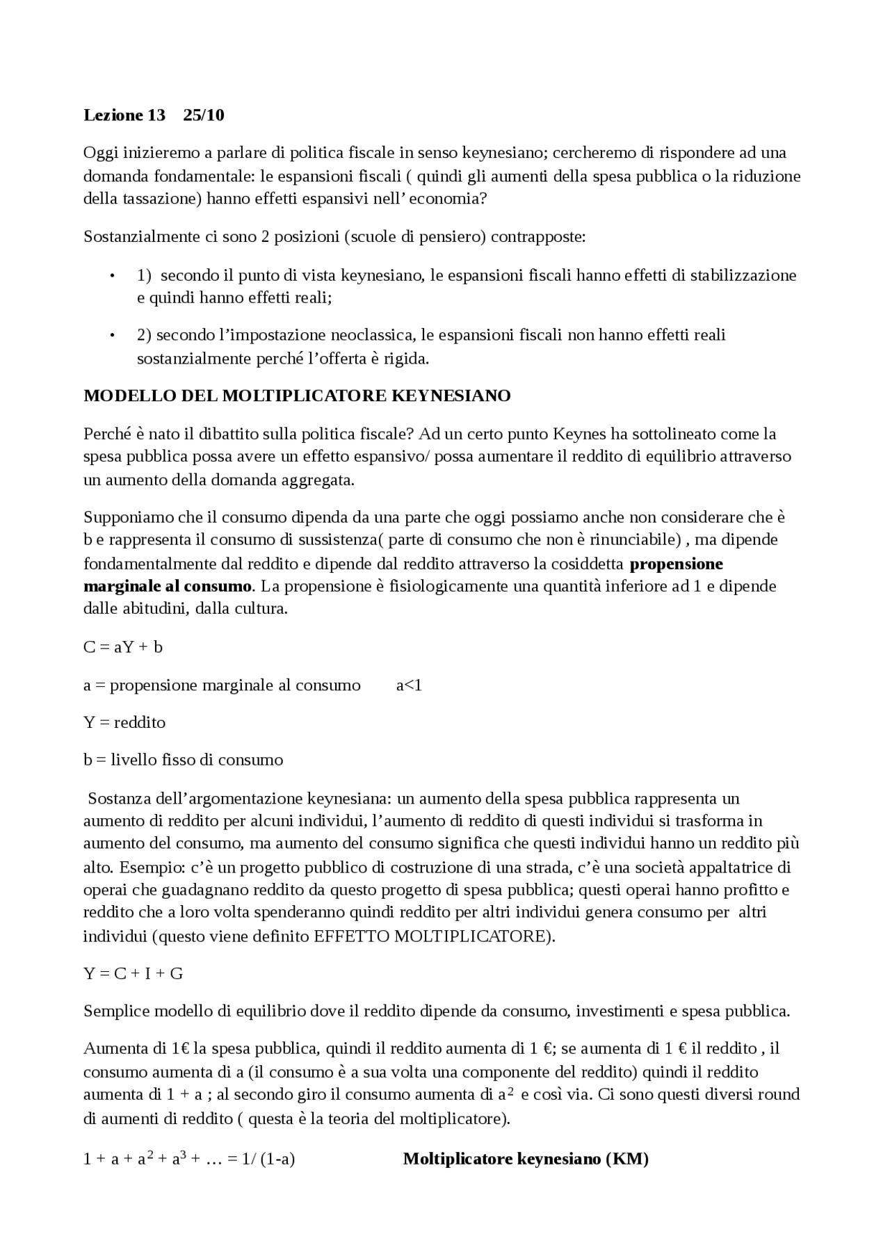 MODELLO DEL MOLTIPLICATORE KEYNESIANO Docsity