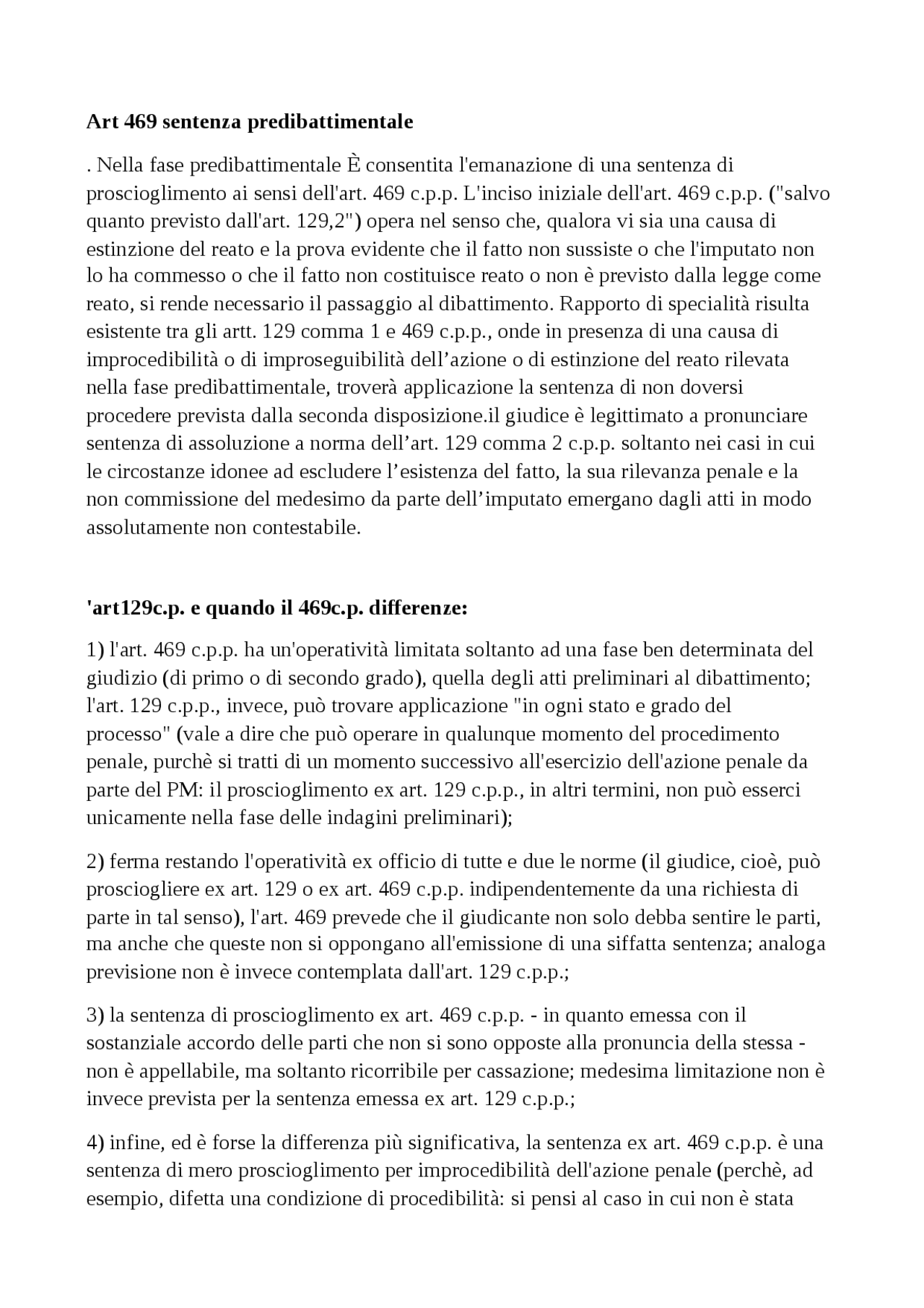 Sintesi Art 469 sentenza predibattimentale + 'art129c.p. e quando il ...