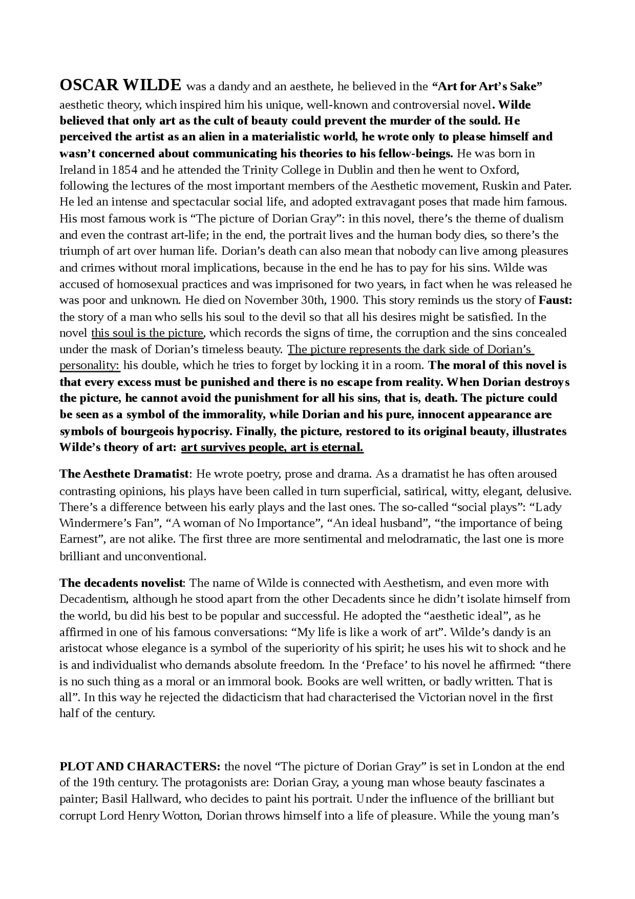 Oscar Wilde con approfondimenti Docsity