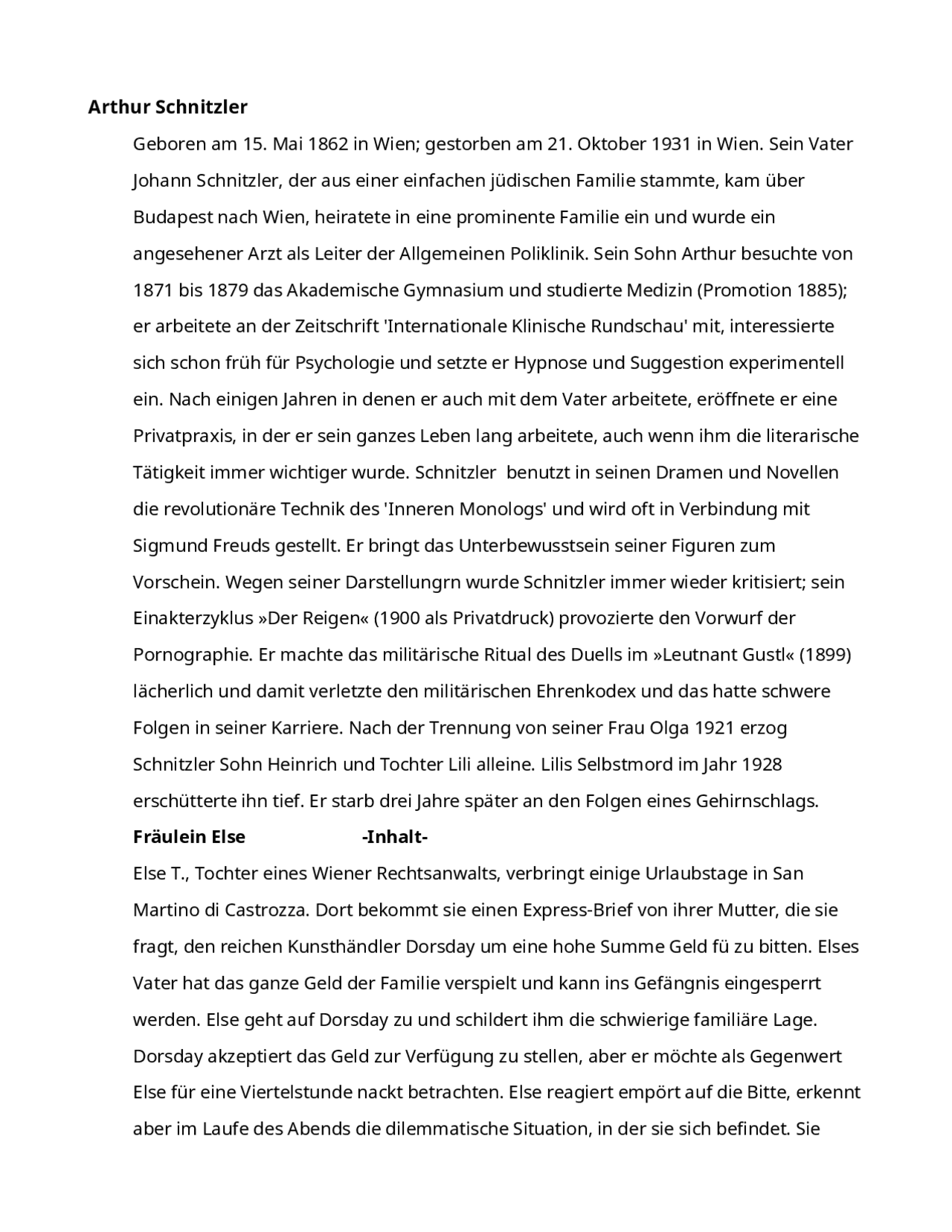 Schnitzler werke und Leben Docsity