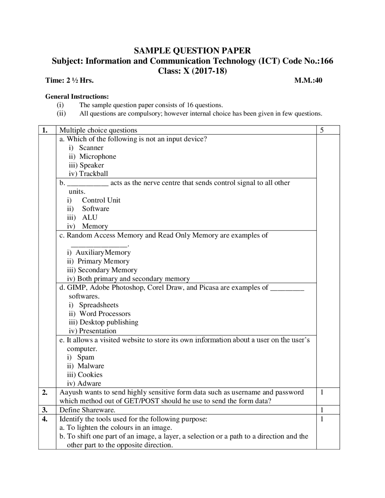 Class 10 COMPUTER sample paper class 10 CBSE 2017-18 - Docsity