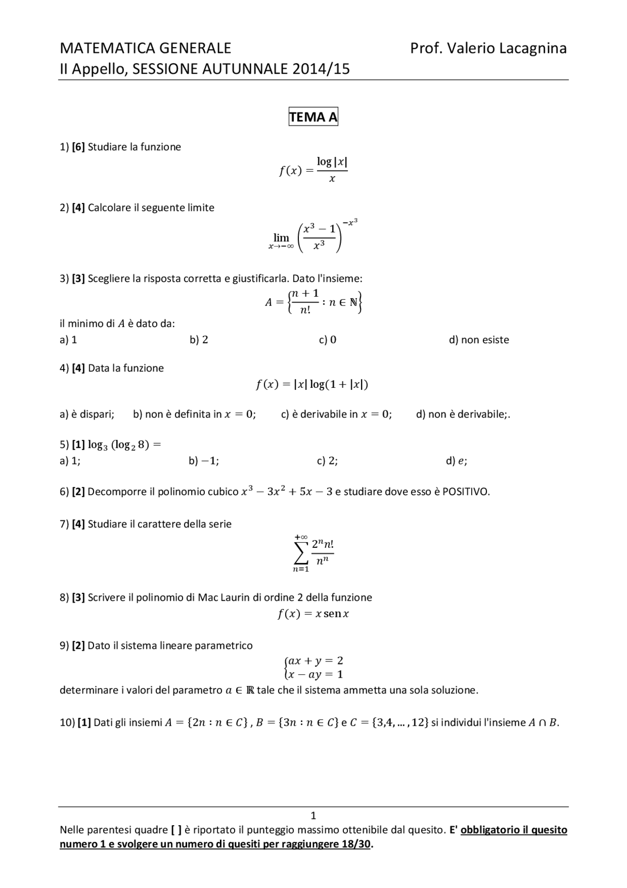 Compiti matematica generale - Docsity