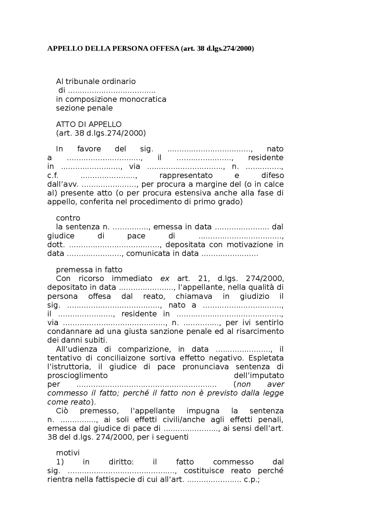 Formulario Appello persona offesa Docsity