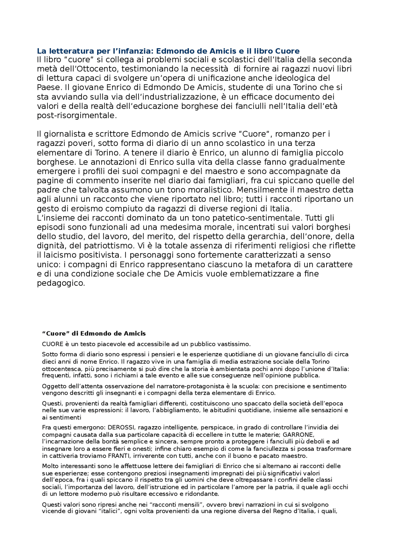 Cuore di Edmondo de Amicis | Appunti di Letteratura | Docsity