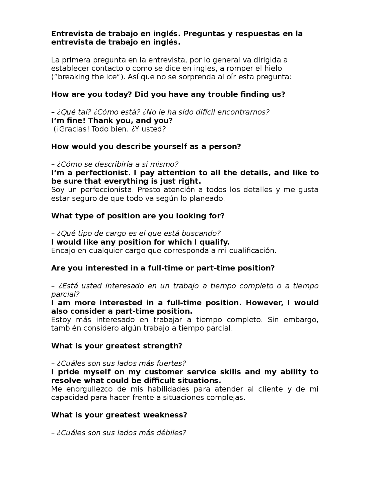 Entrevista De Trabajo En Ingles Docsity