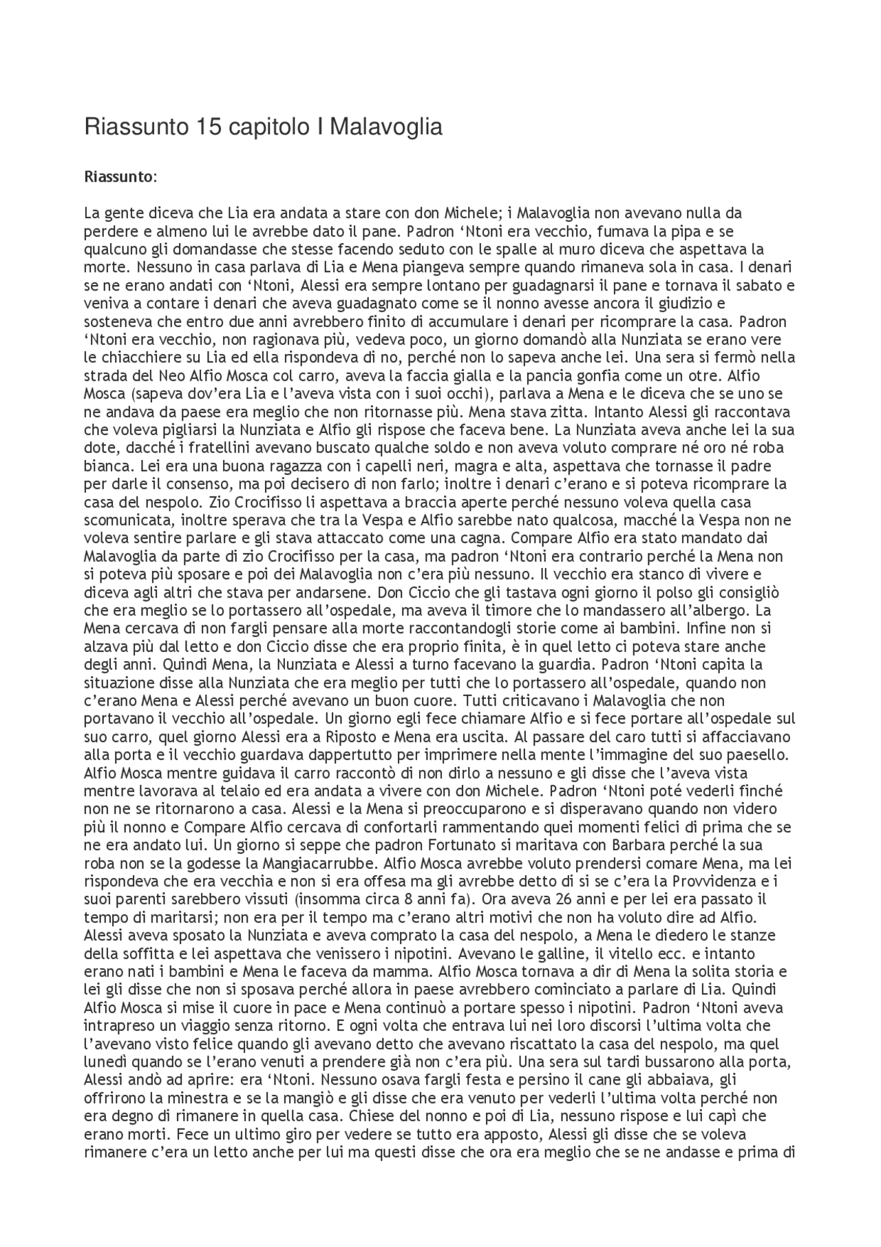 Riassunto capitolo 15 dei malavoglia Appunti di Lingua Italiana Docsity