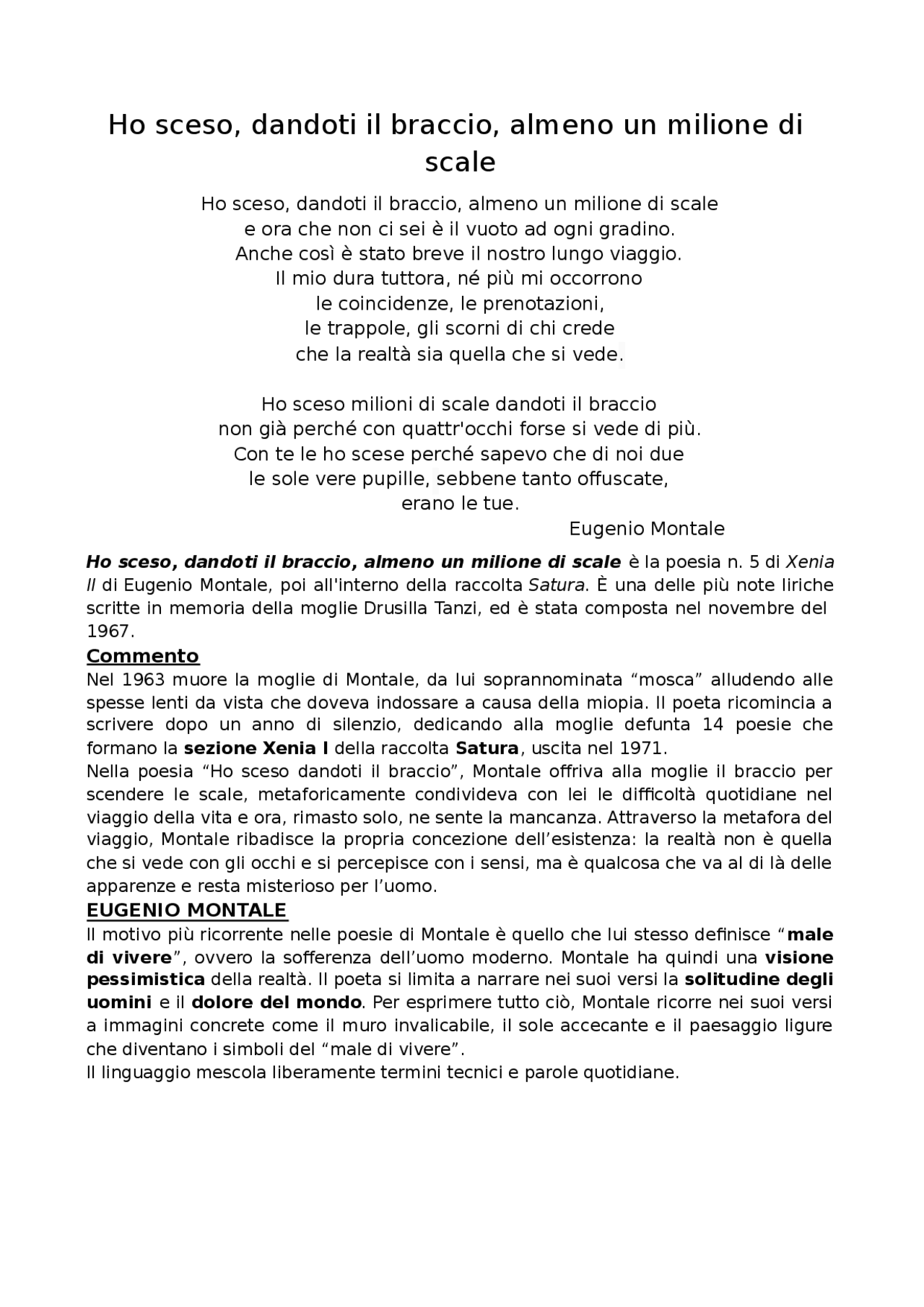 Eugenio Montale Ho sceso dandoti il braccio Docsity Eugenio Montale Ho sceso dandoti il braccio Docsity