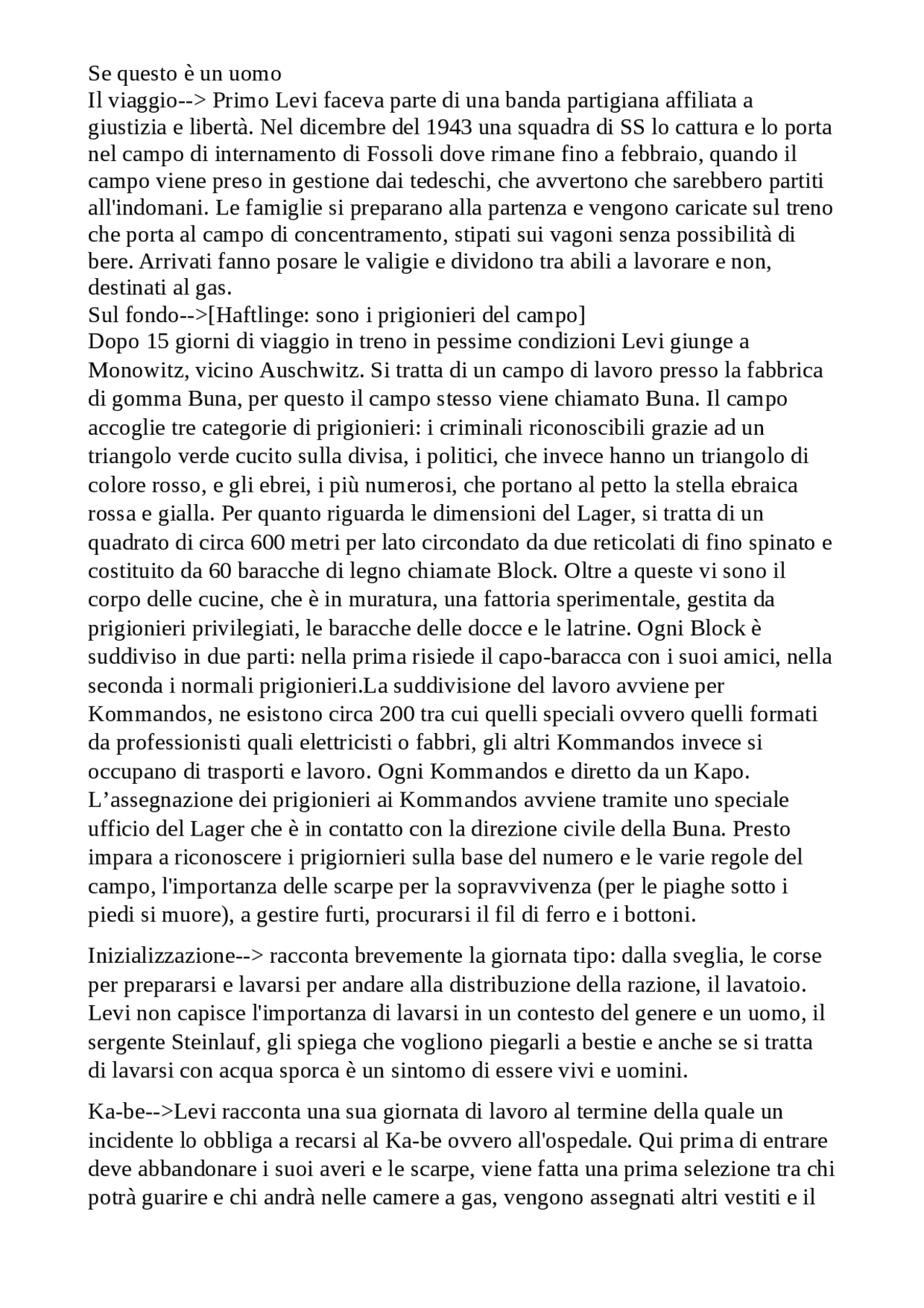 riassunti capitoli se questo è un uomo