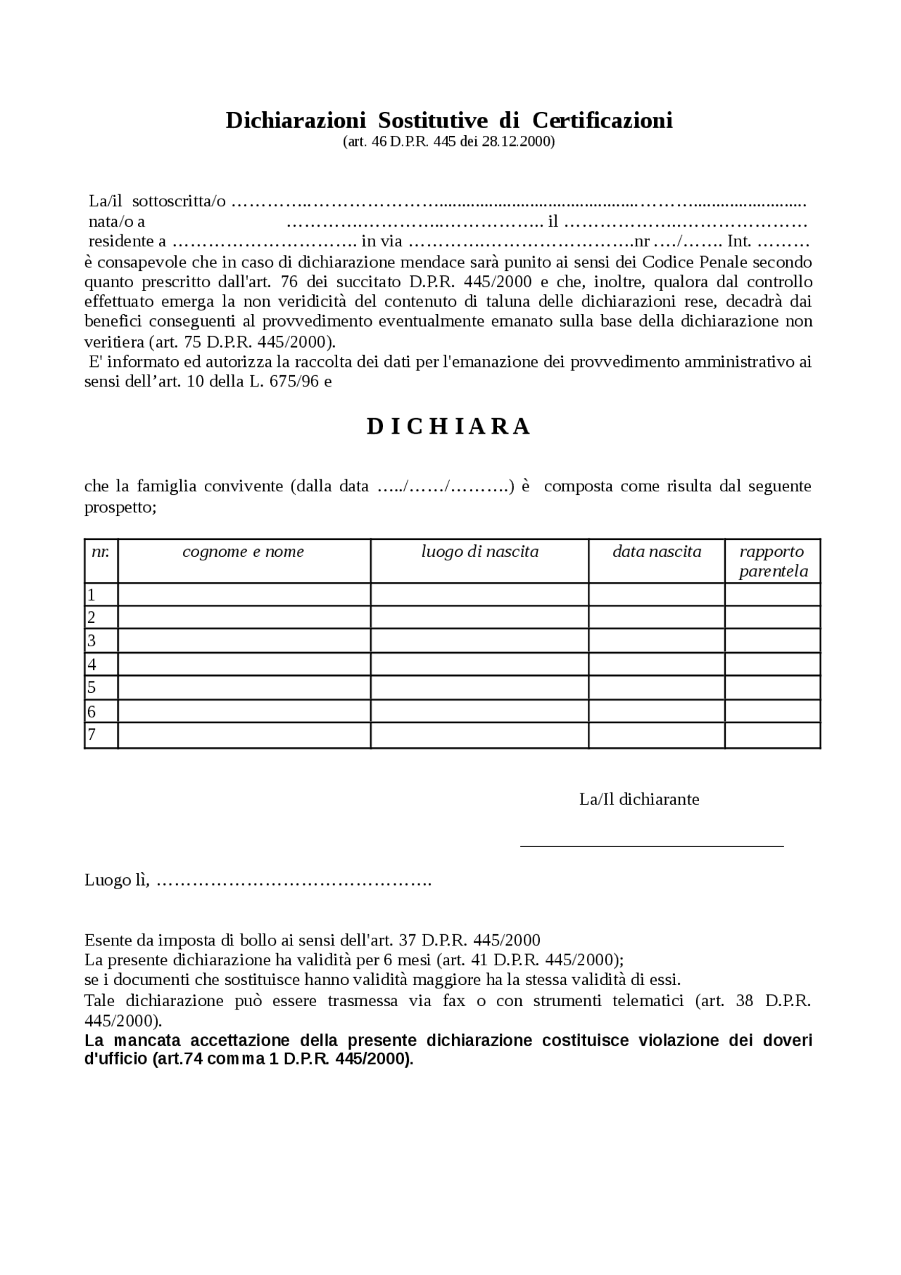 Autocertificazione stato famiglia - Docsity
