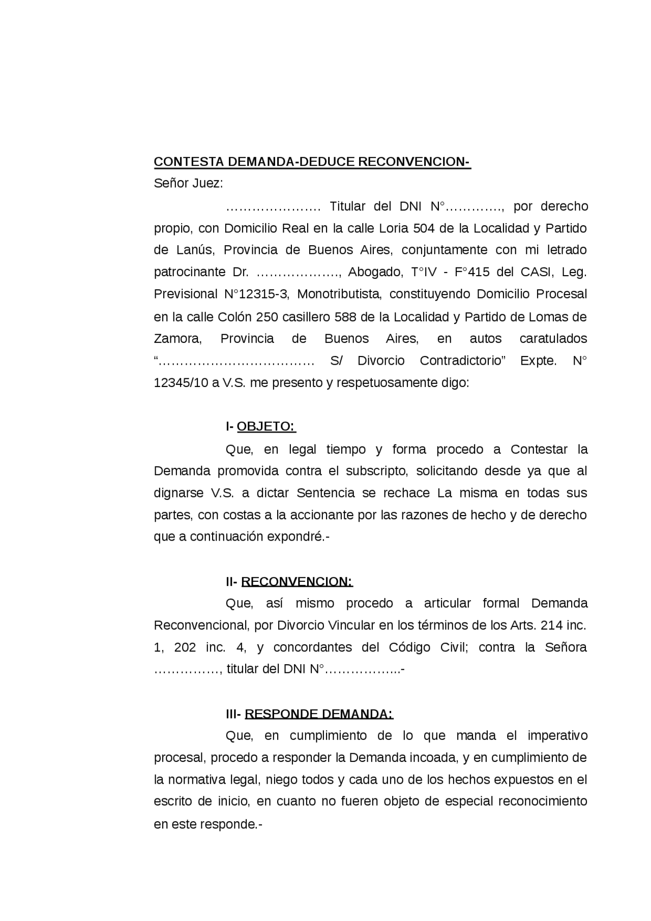 Modelo de contestación de demanda- deduce reconvención - Docsity