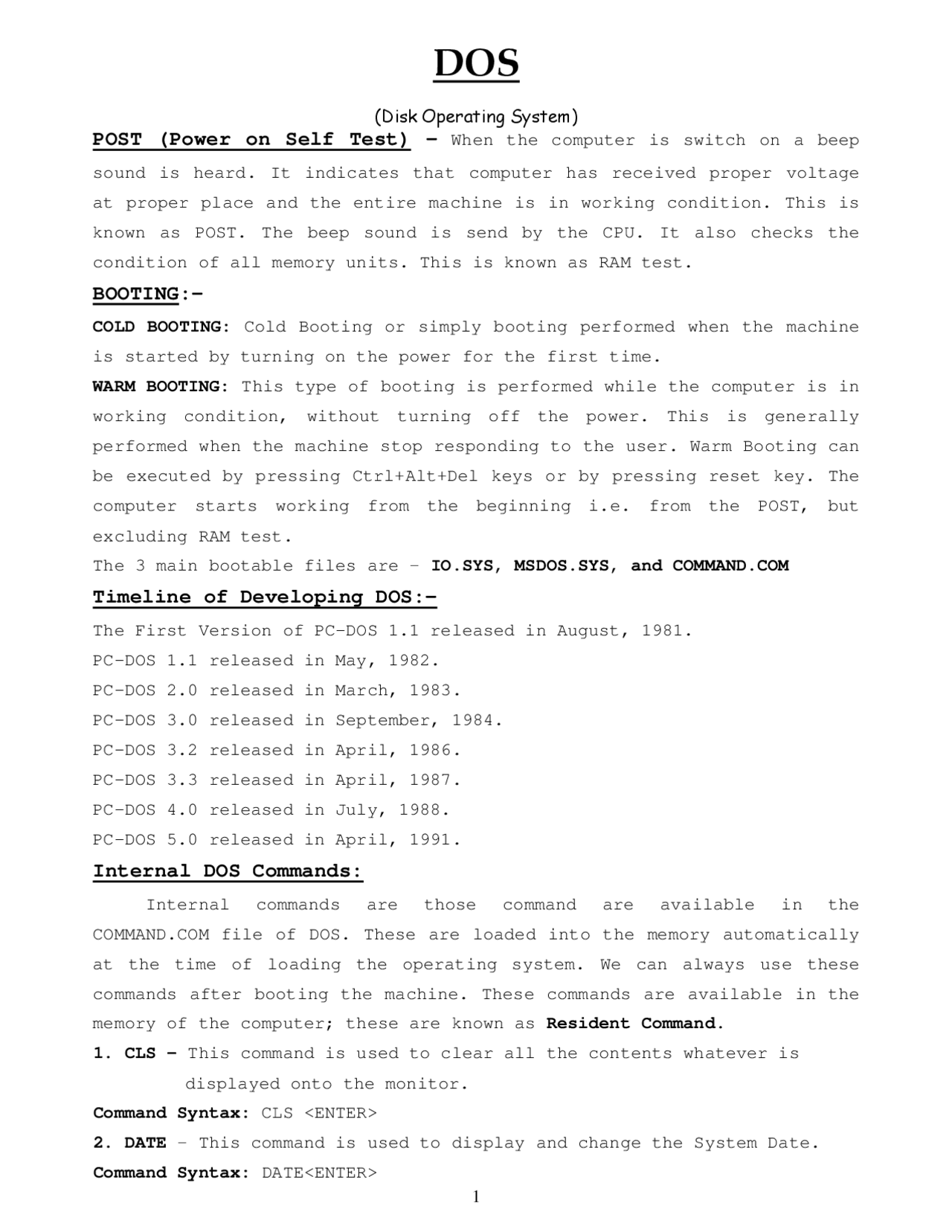 Dos System Print Out Example DOS (Disk Operating System) - Docsity