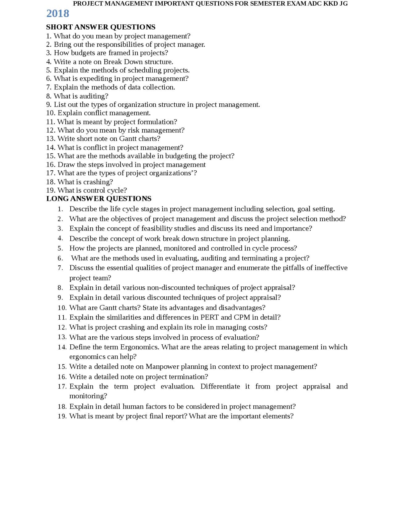 Project management important questions | Exams Project Management | Docsity