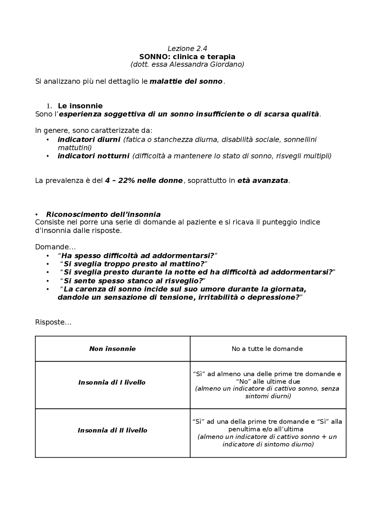 Il sonno, i disturbi e le patologie - Docsity