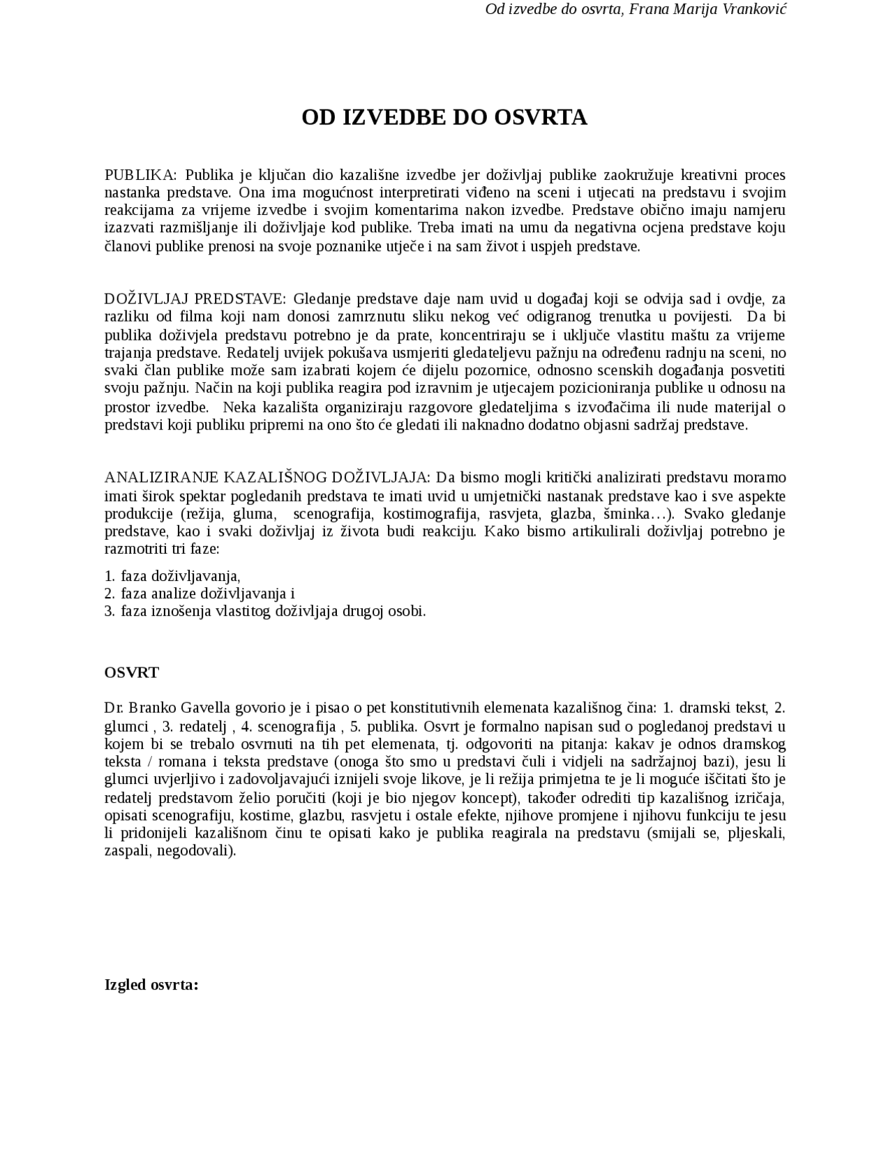 Osvrt Primjer Kako napisati osvrt na predstavu - Docsity