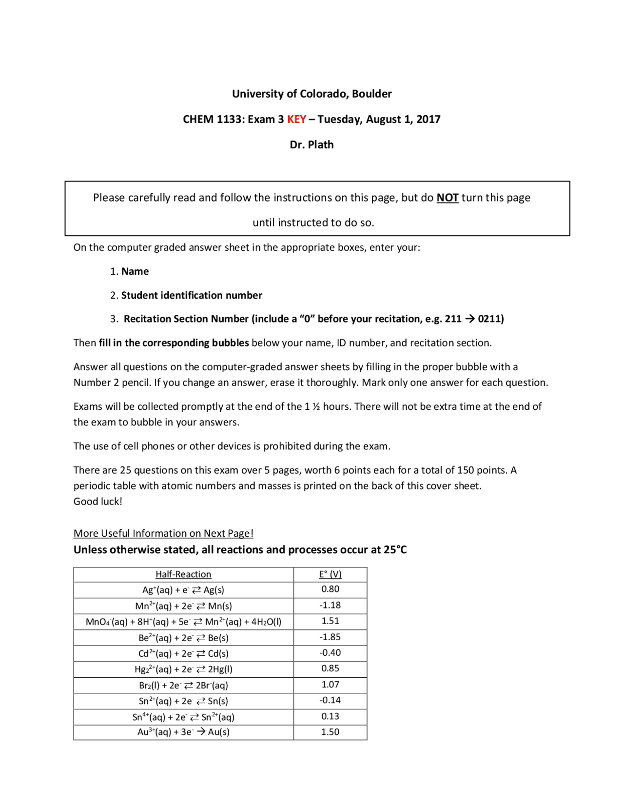 Exam 3 Answers Key - General Chemistry 2 | CHEM 1133 | Exams Chemistry ...