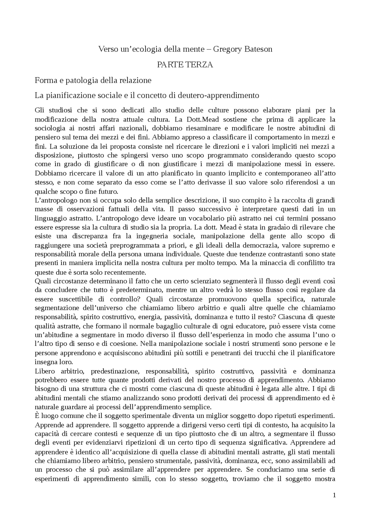 Verso un'ecologia della mente Gregory Bateson Docsity Verso un'ecologia della mente Gregory Bateson Docsity
