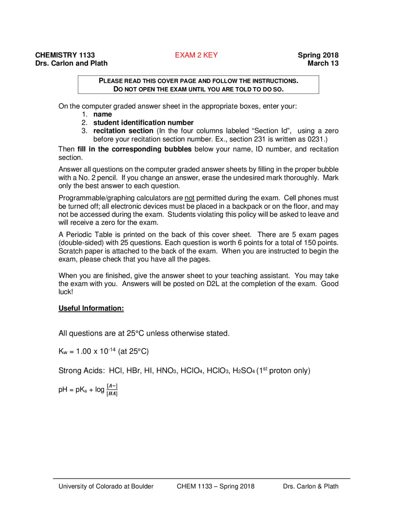 Exam 2 with Key for General Chemistry 2 | CHEM 1133 | Exams Chemistry ...