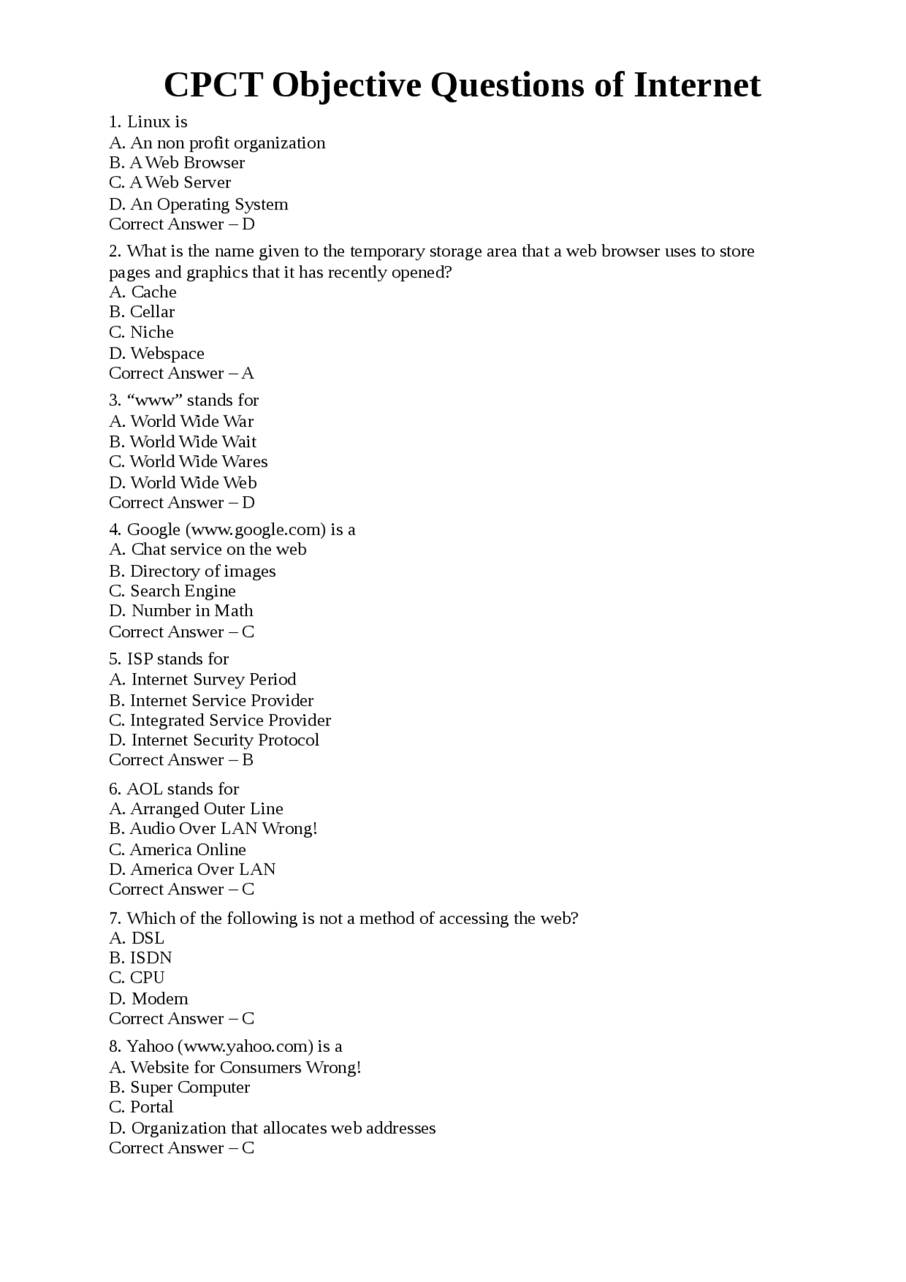 Computer Internet Questions | Exercises Computer Applications - Docsity