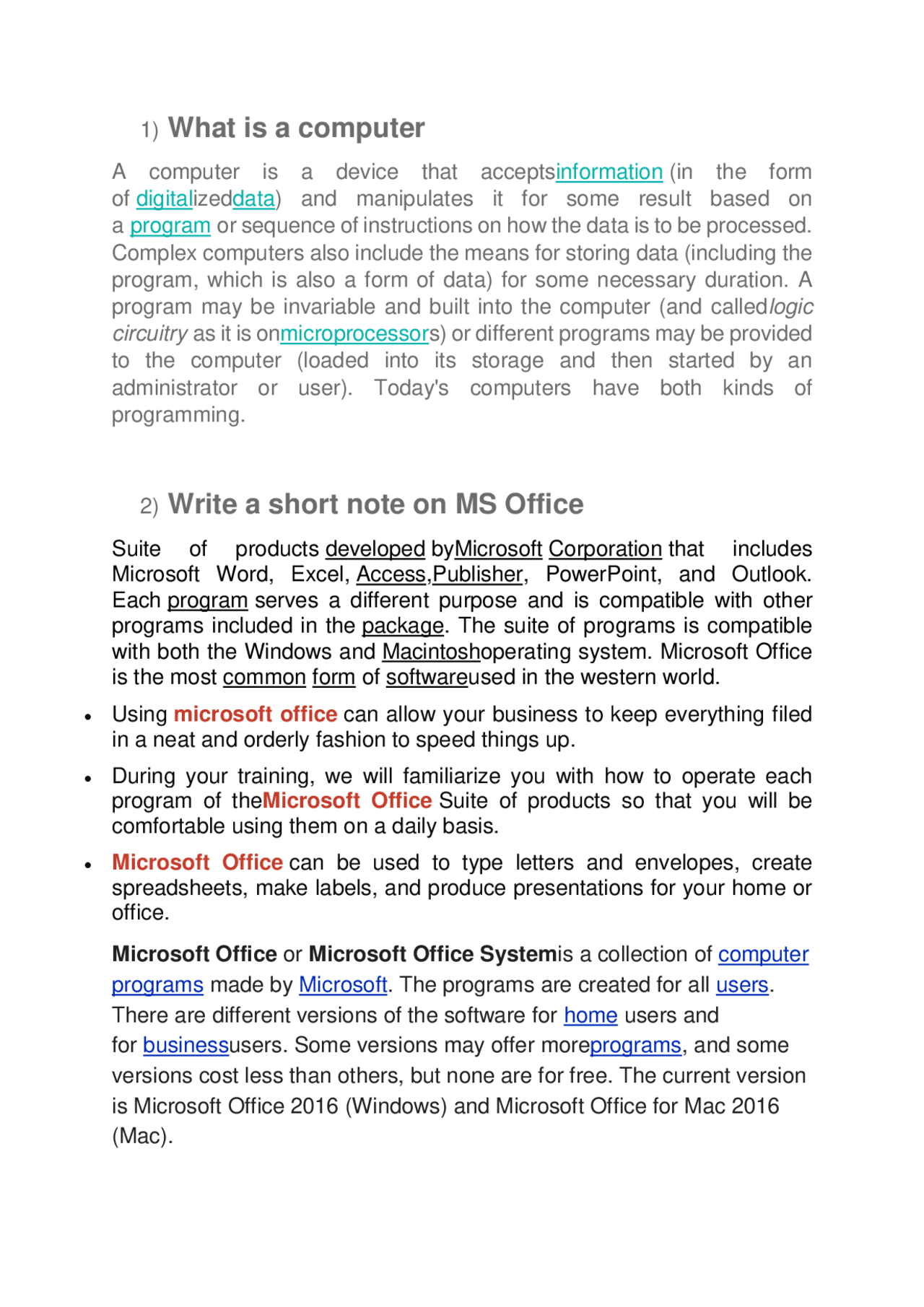 Notes for computer - self - study for exams - Docsity