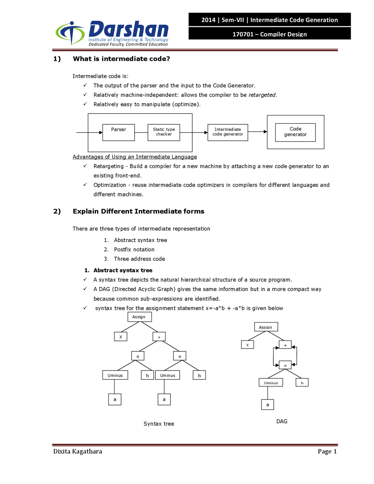 intermediate code generation | pdf | array data... Intermedite code for compiler design - Docsity