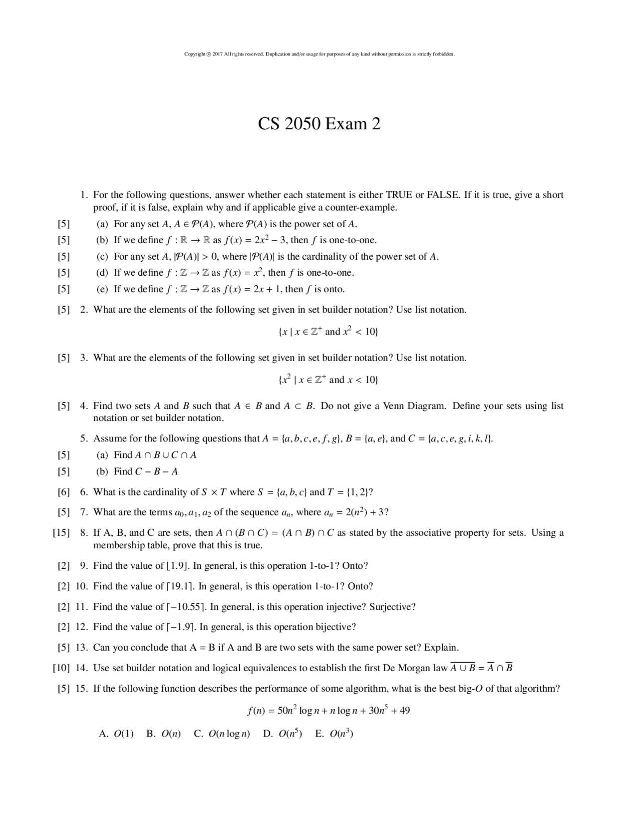 Cs Exam Math Question Exam 2 Questions for Introduction to Discrete Mathematics | CS 2050 ...