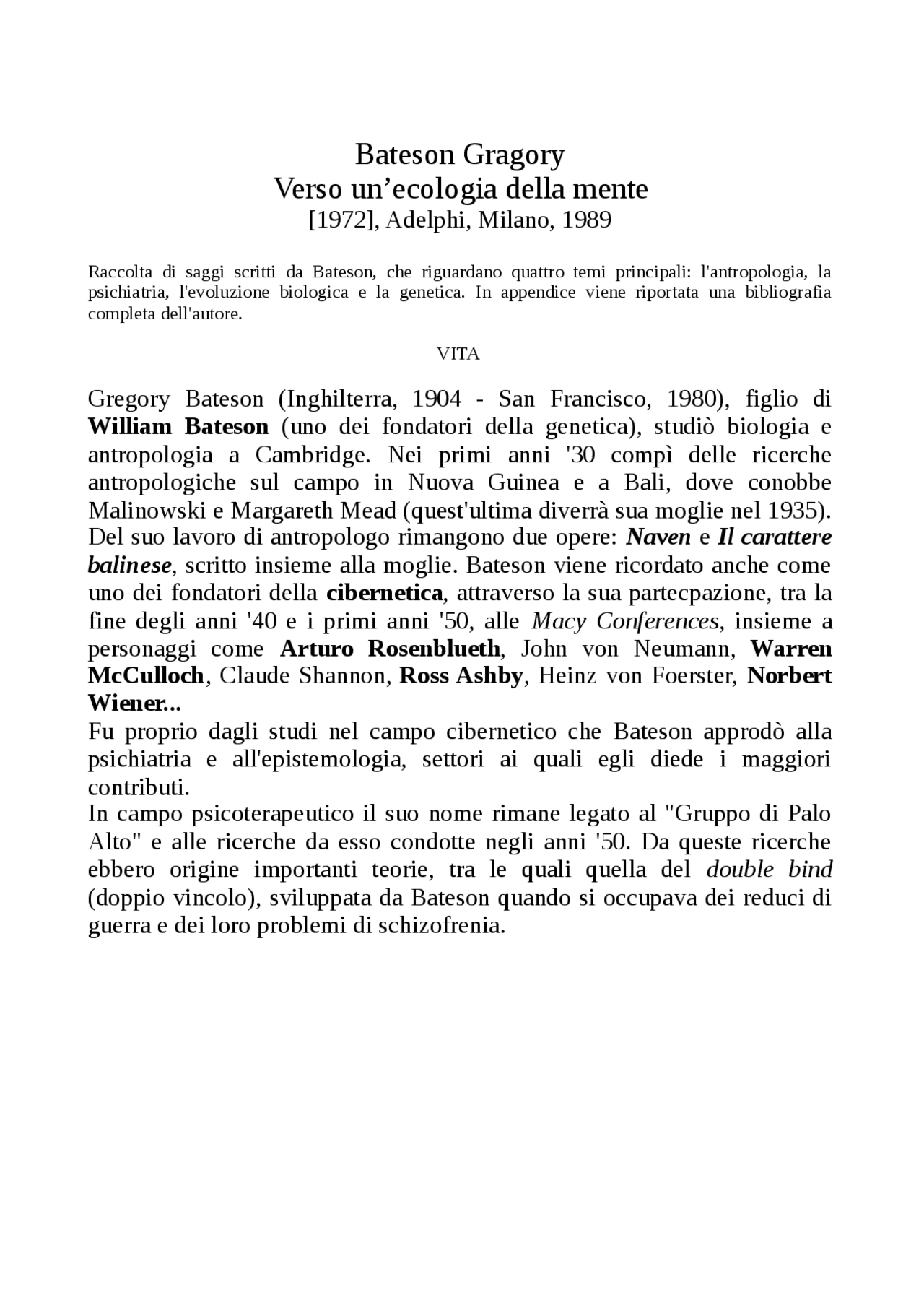 Verso un ecologia della mente Docsity Verso un ecologia della mente Docsity