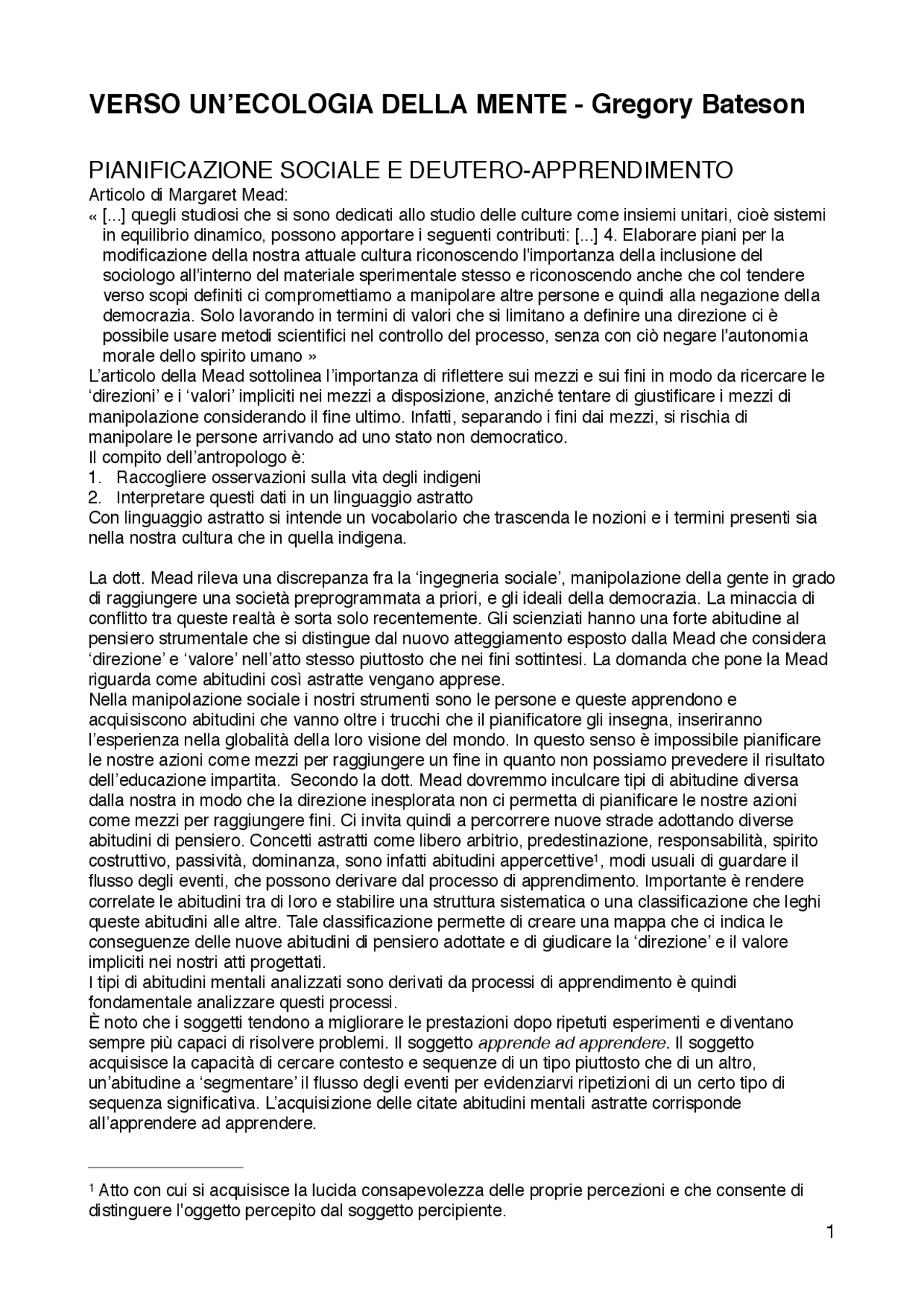 Riassunto Verso un'ecologia della mente di Gregory Bateson Sintesi del corso di Storia Della Riassunto Verso un'ecologia della mente di Gregory Bateson Sintesi del corso di Storia Della