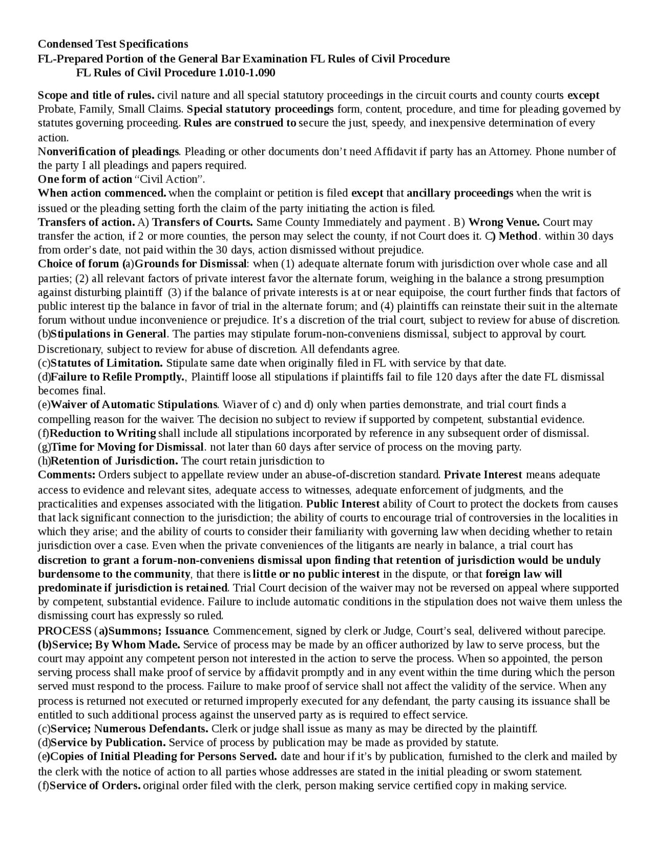 Florida Rules Of Civil Procedure Outline Docsity