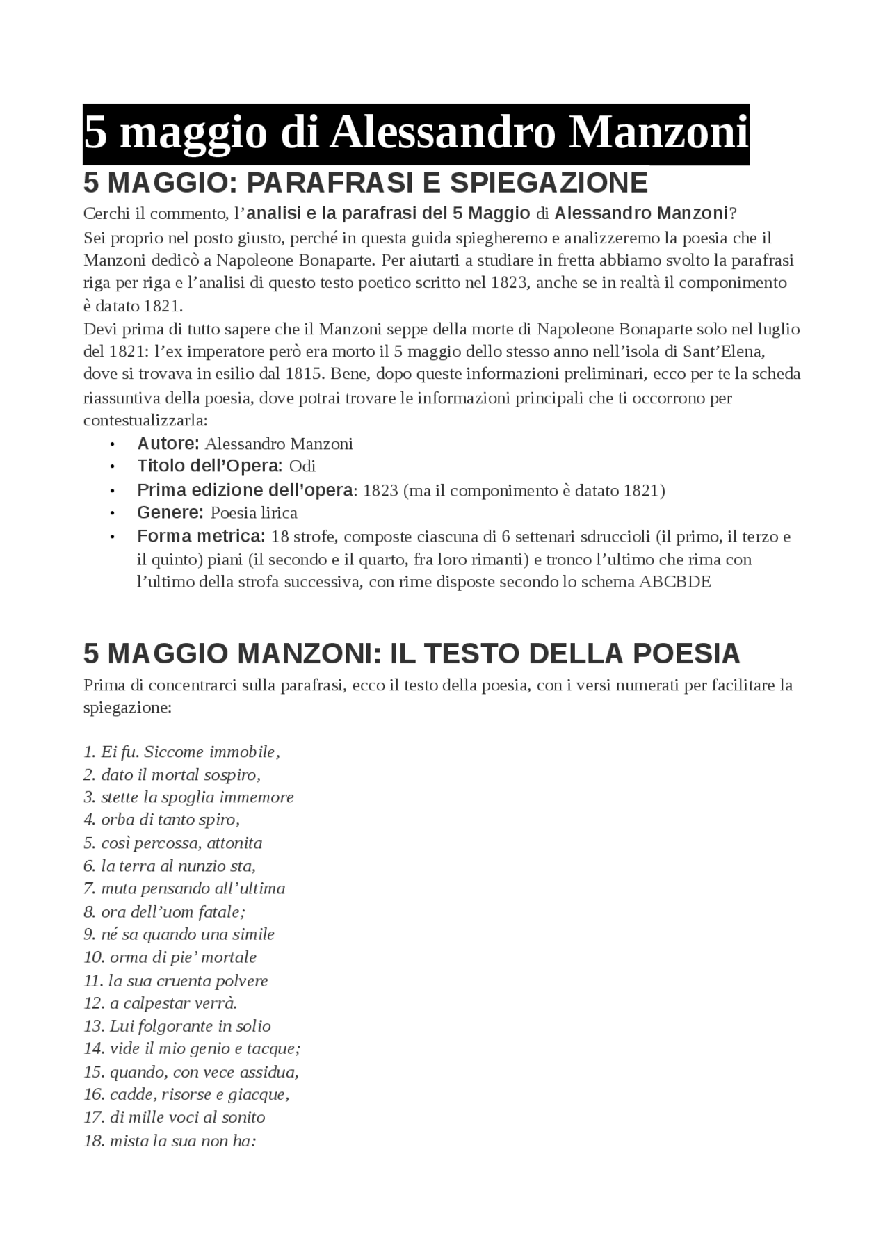 Parafrasi e commento poesia 5 maggio Alessandro Manzoni Docsity Parafrasi e commento poesia 5 maggio Alessandro Manzoni Docsity
