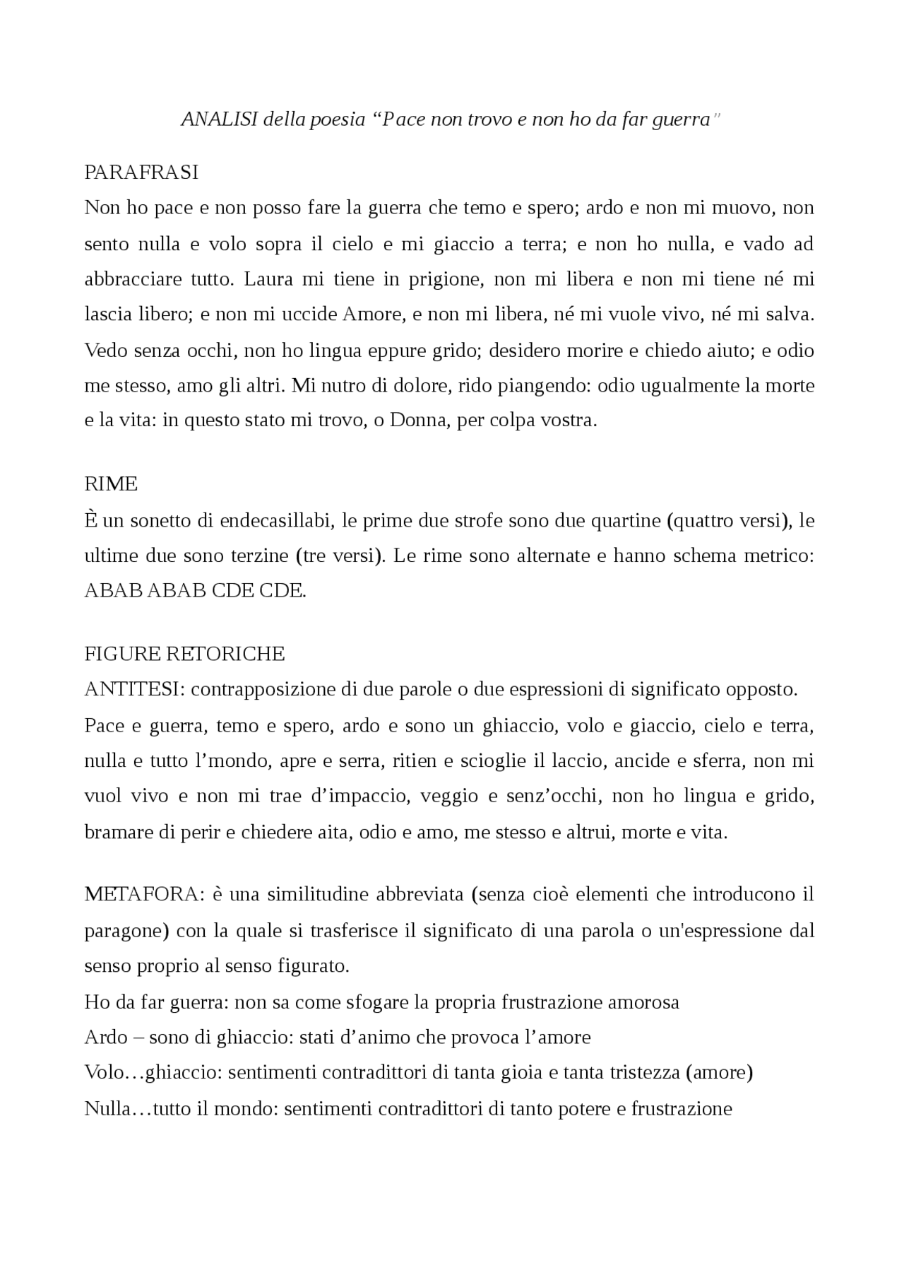 Psicologi Guerra E Pace Testo Analisi della poesia "Pace non trovo e non ho da far guerra" (Petrarca