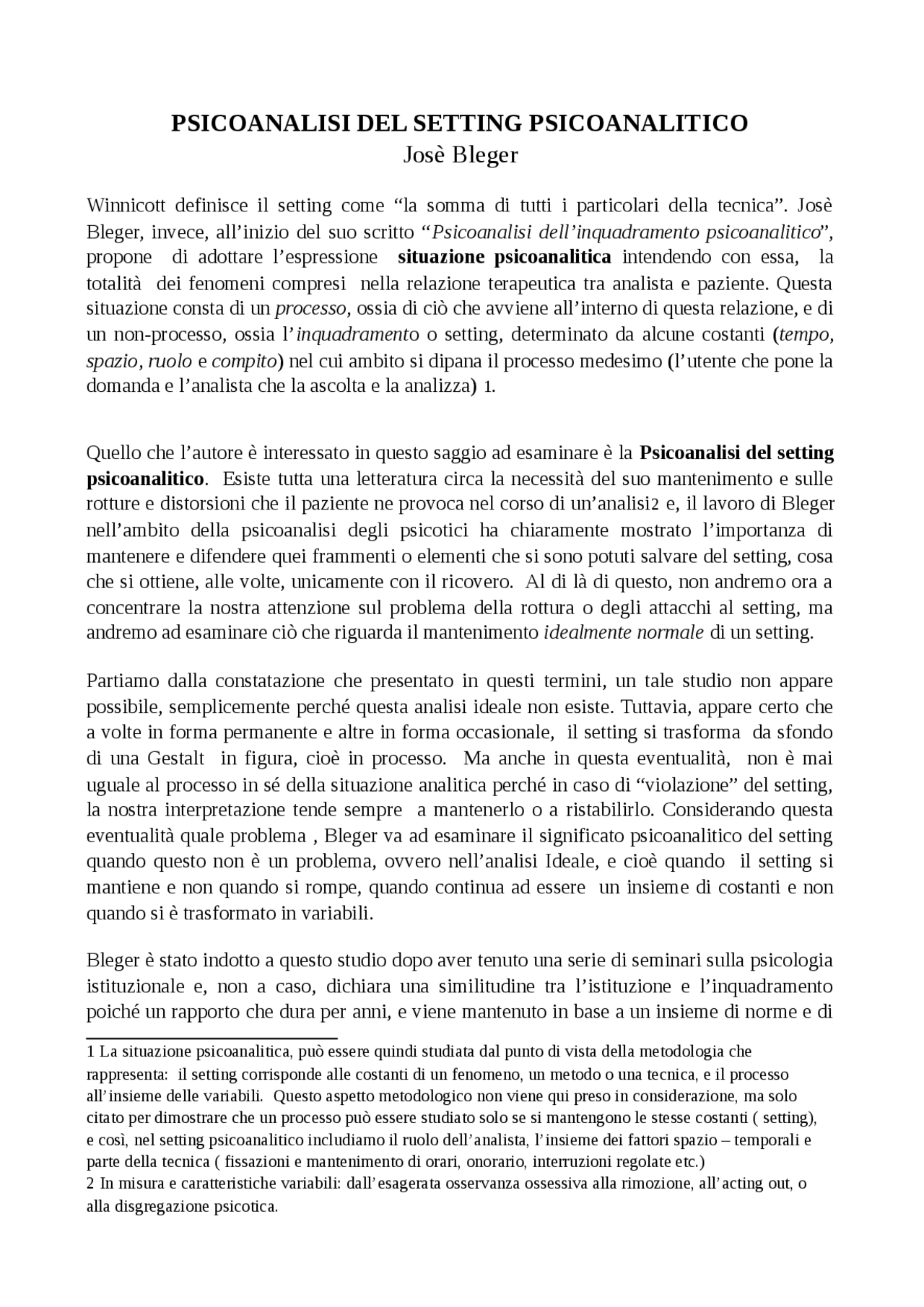 Definizione dettagliata del setting secondo Bleger - Docsity
