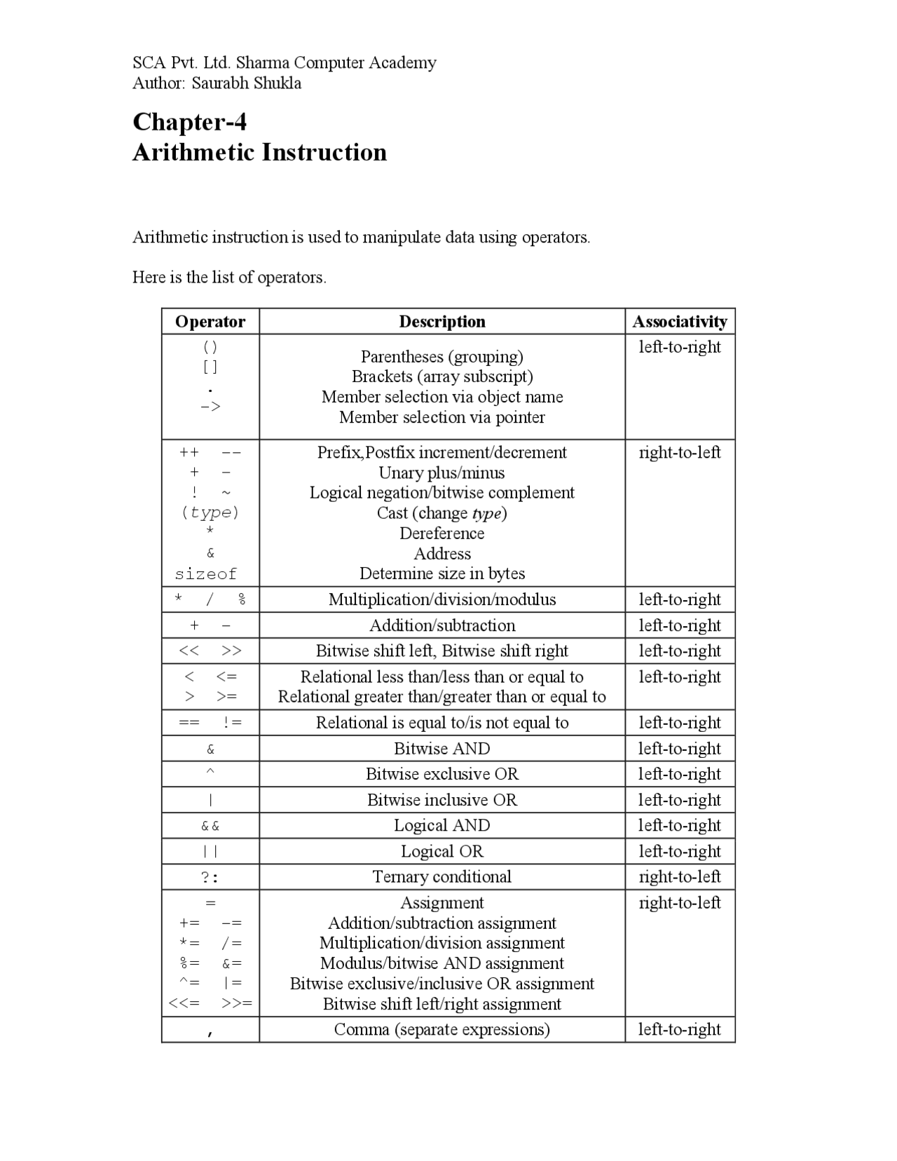 Arithemetic Instructions for C programming - Docsity