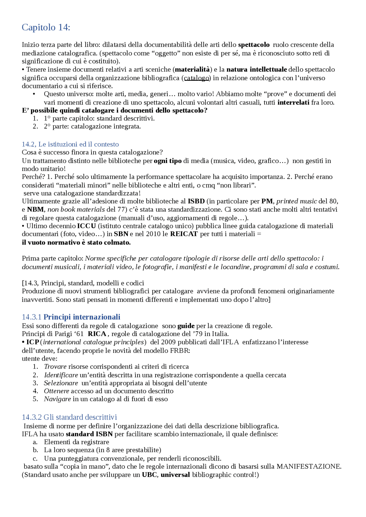 Riassunto Le arti dello spettacolo e il catalogo Docsity