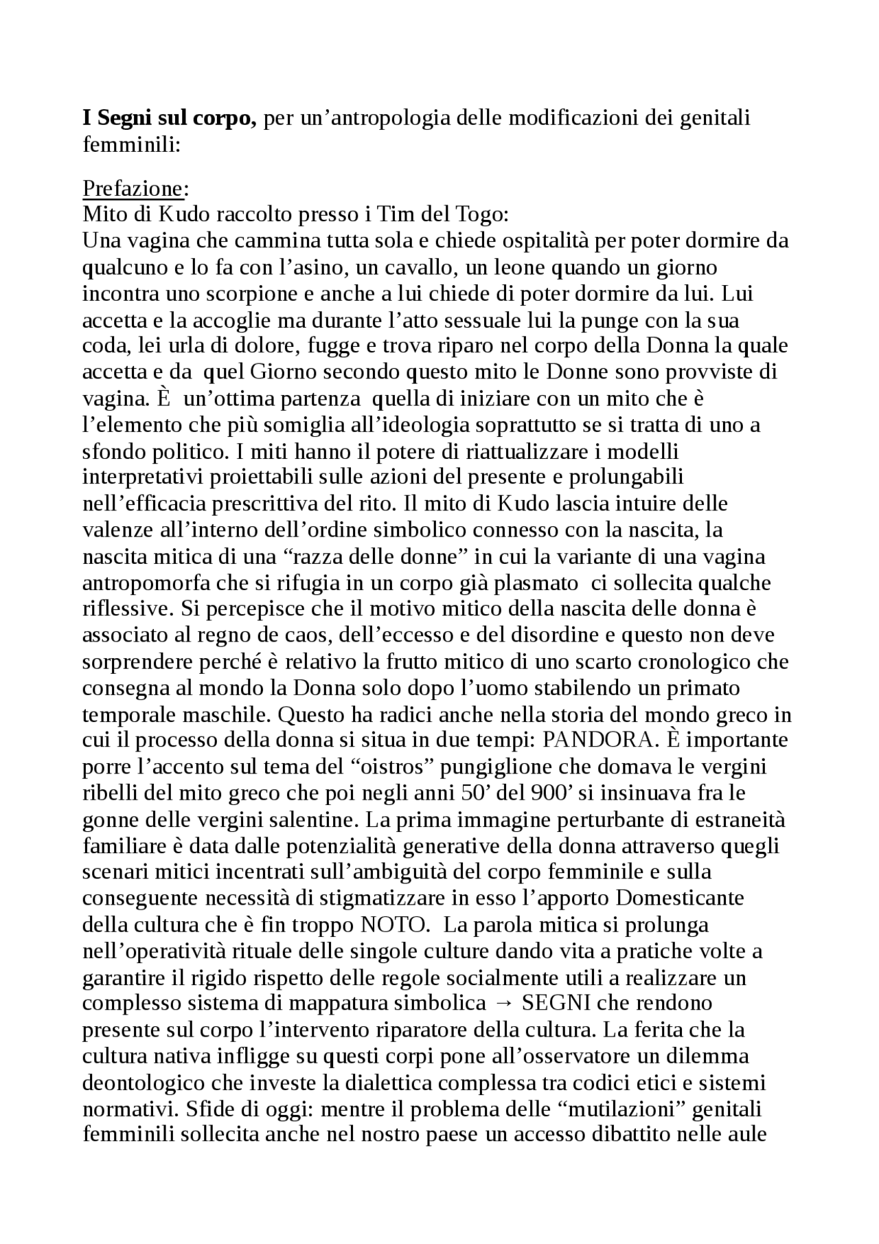 I segni sul corpo, per un'antropologia delle modificazioni sui genitali femminili Docsity