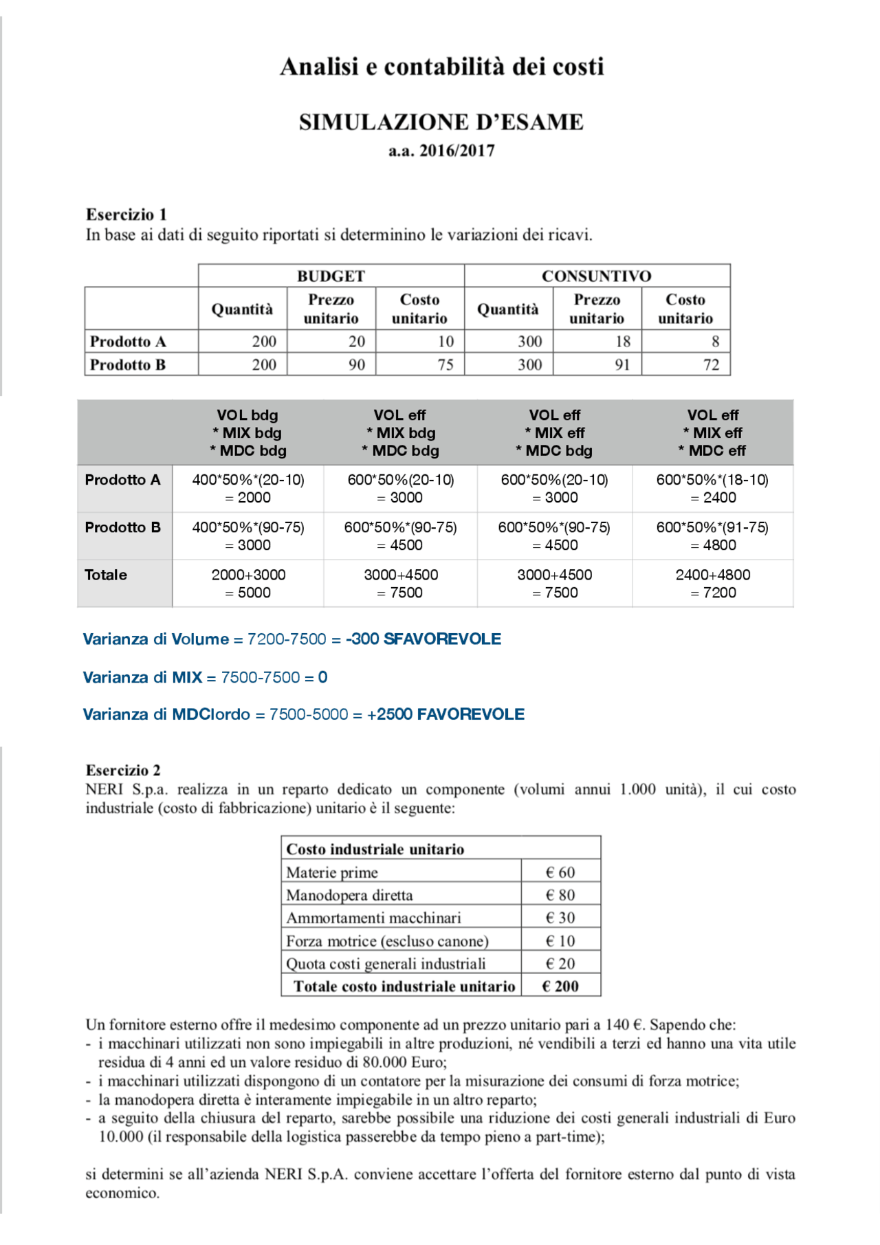 Simulazioni d'esame Analisi e Contabilità dei Costi - Docsity
