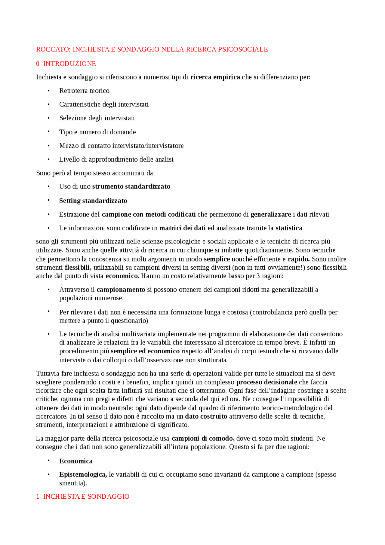 ROCCATO: INCHIESTA E SONDAGGIO NELLA RICERCA PSICOSOCIALE - Docsity