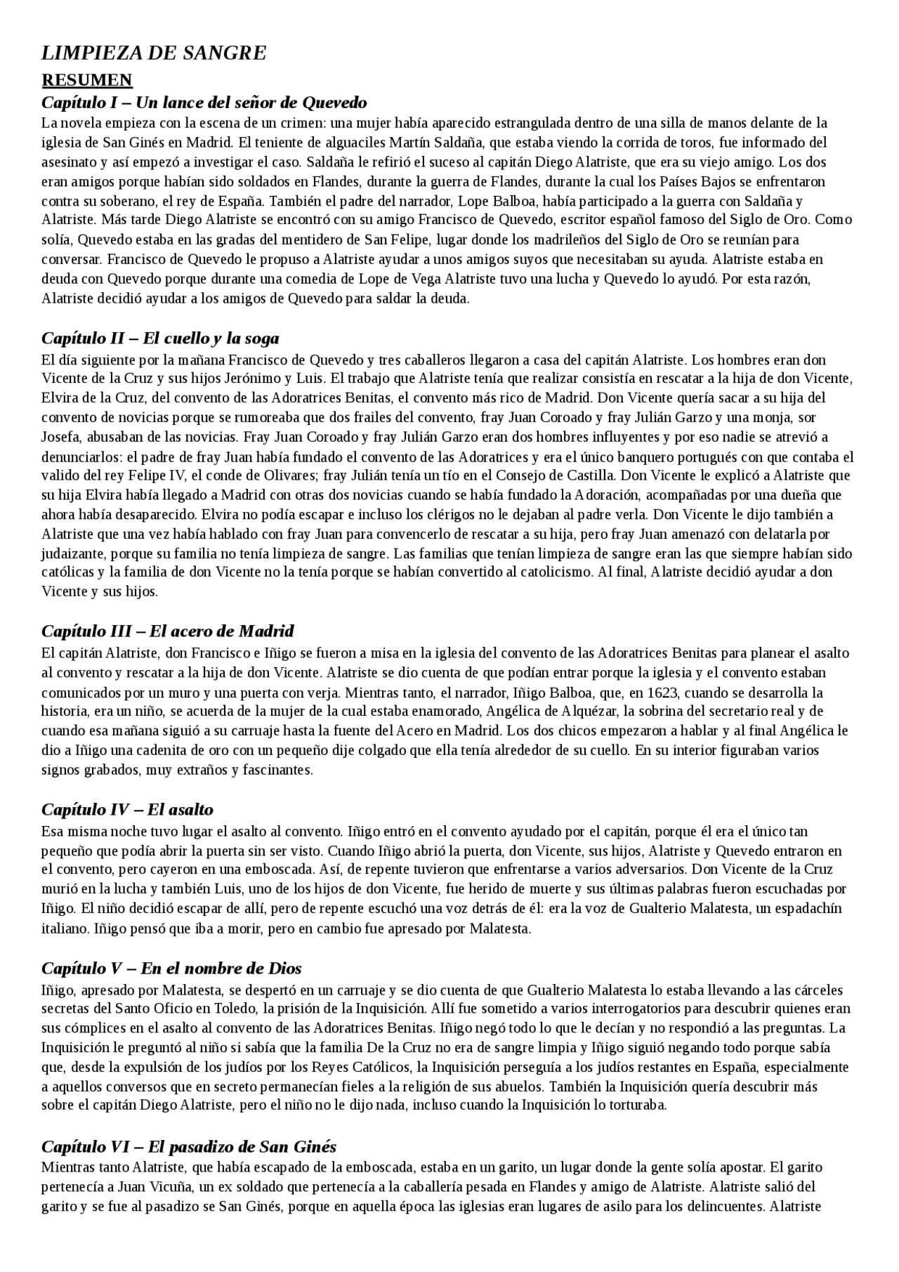 Limpieza De Sangre Arturo Perez Reverte Docsity