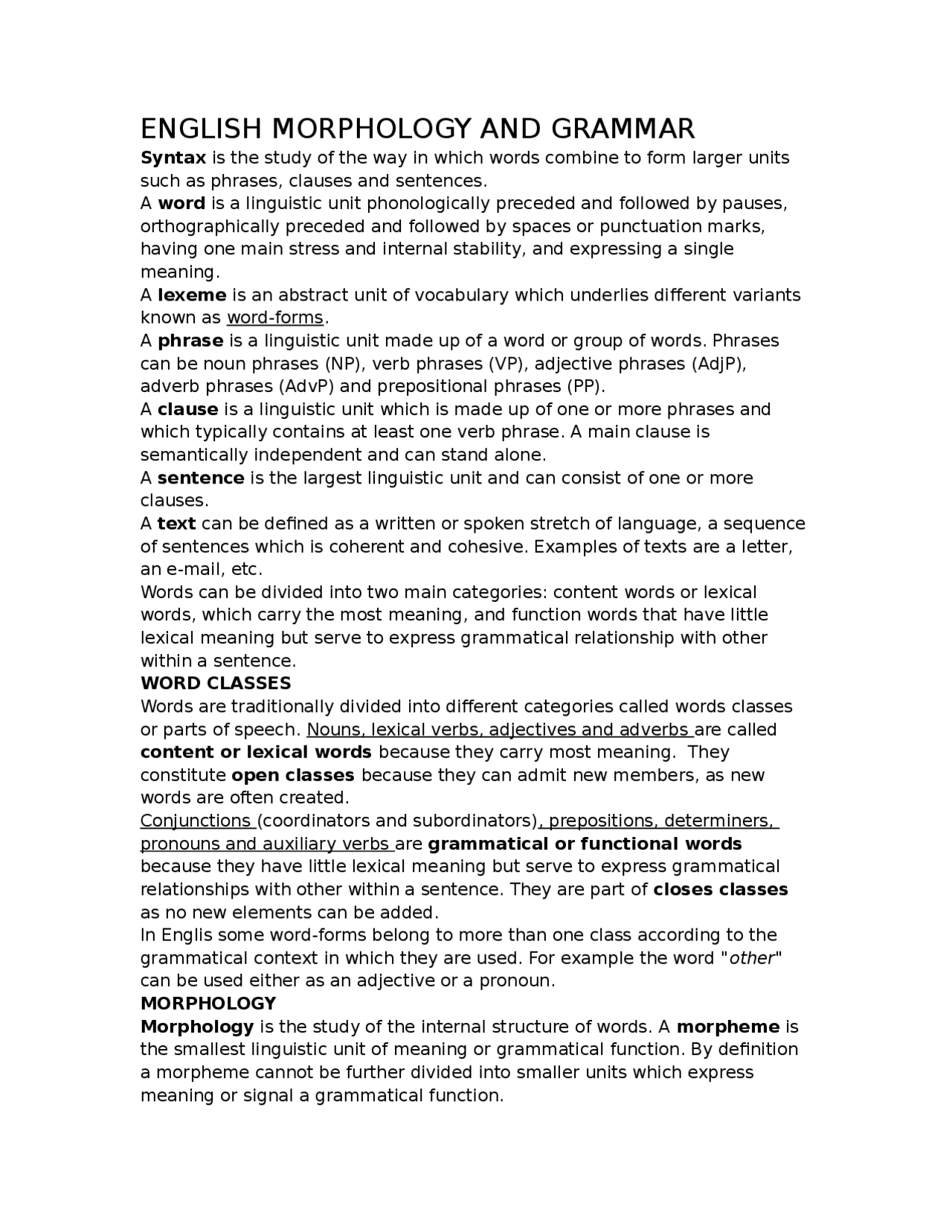 English linguistics: morphology and grammar - Docsity