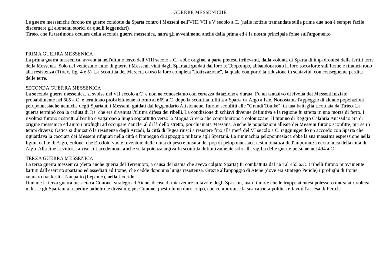 Guerre messeniche sintesi veloce Docsity