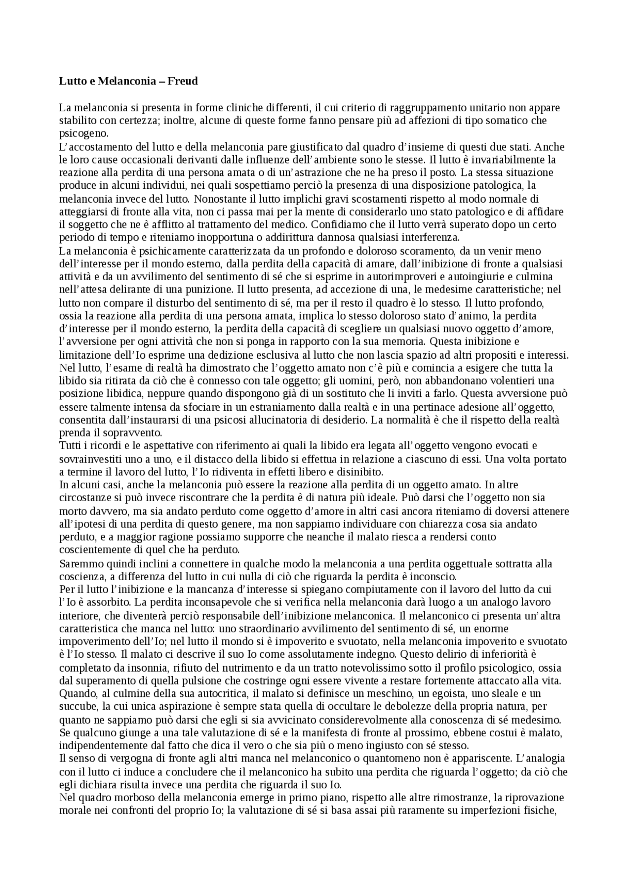 Lutto e melanconia Freud Docsity