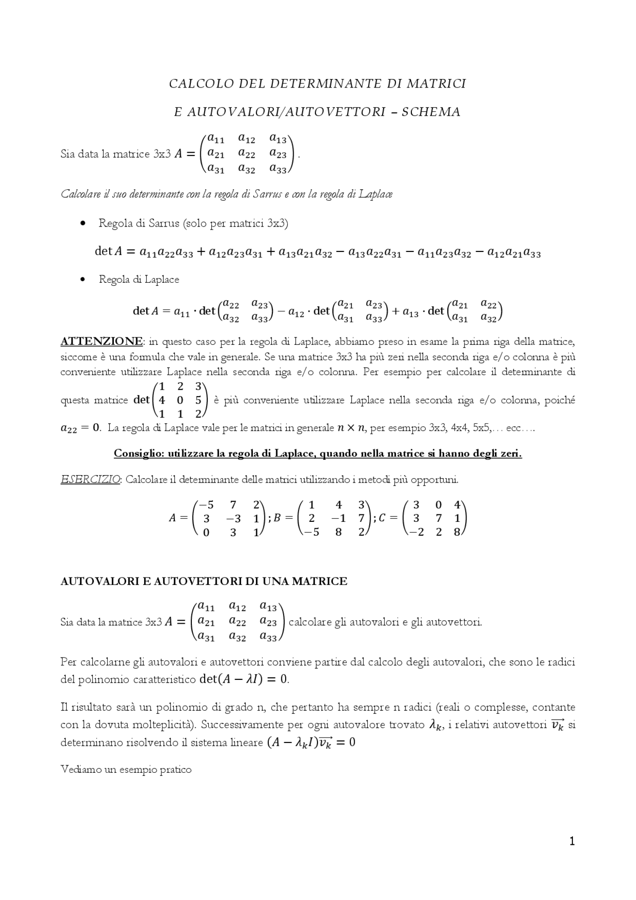 Determinante di matrici, autovalori e autovettori schema Docsity