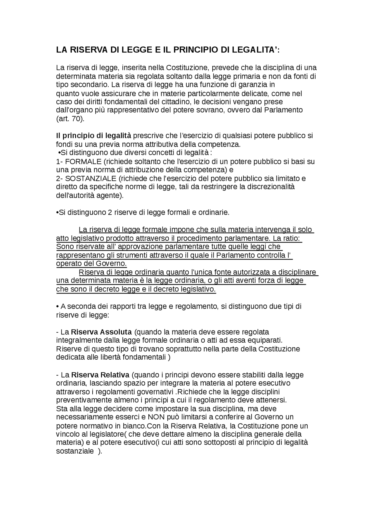 LEZIONE 16 RISERVA DI LEGGE E PRINCIPIO DI LEZIONE 16 RISERVA DI LEGGE E PRINCIPIO DI