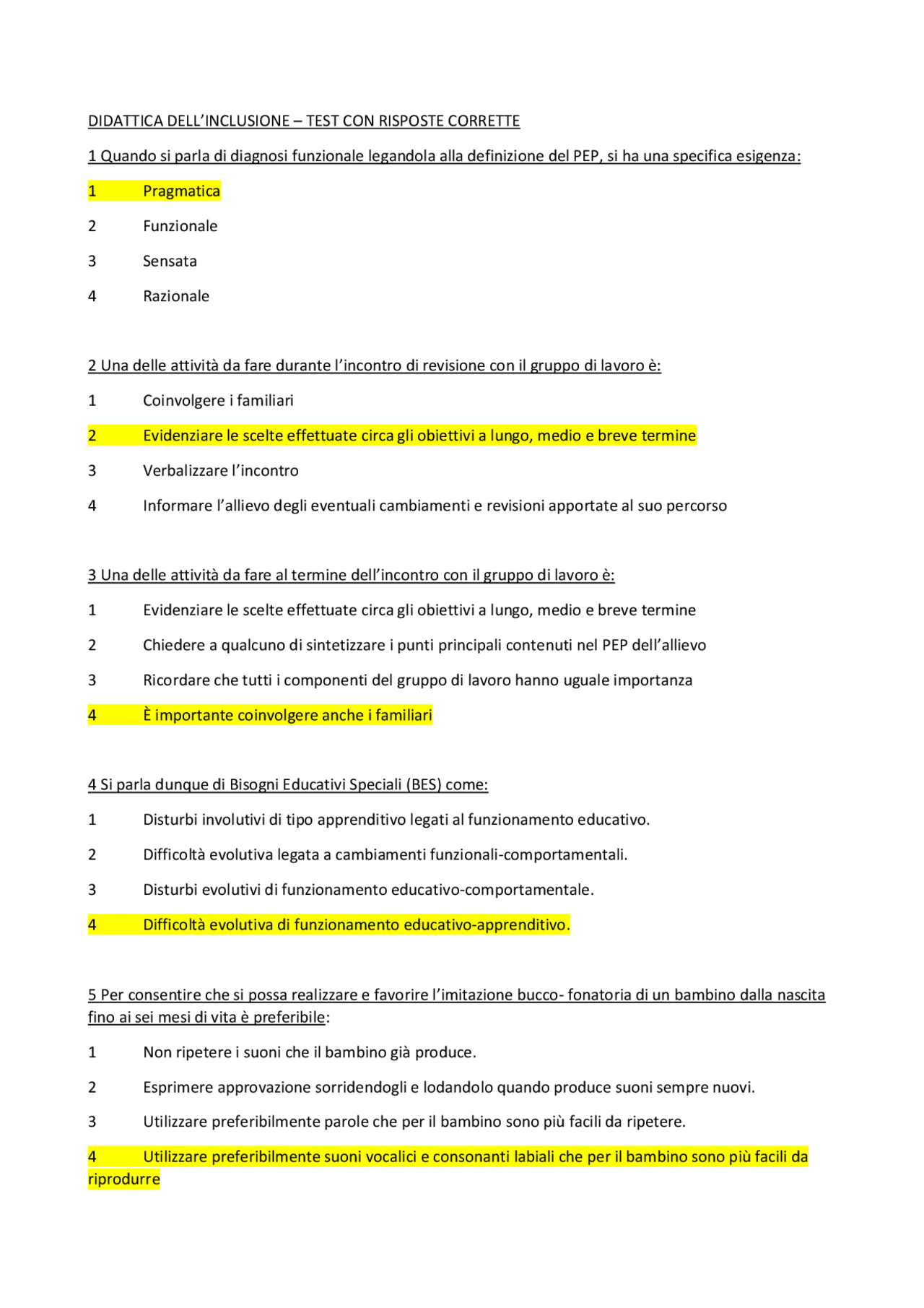 TEST DIDATTICA DELL'INCLUSIONE - Docsity