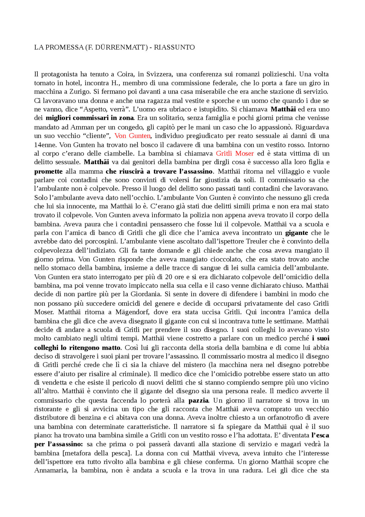 Riassunto La Promessa (Friedrich Dürrenmatt) Sintesi del corso di