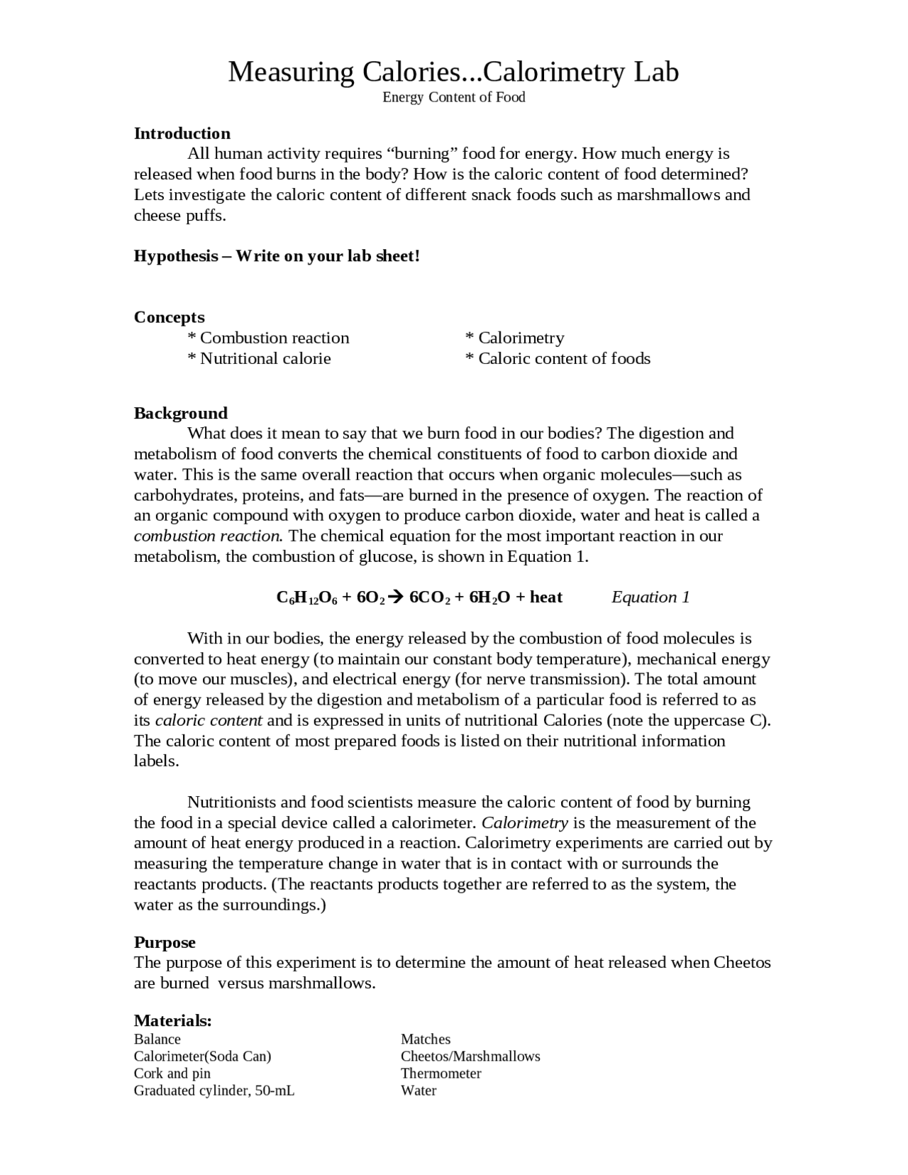 Measuring Calories Calorimetry Lab - Energy Content of Food | BIO 155 ...