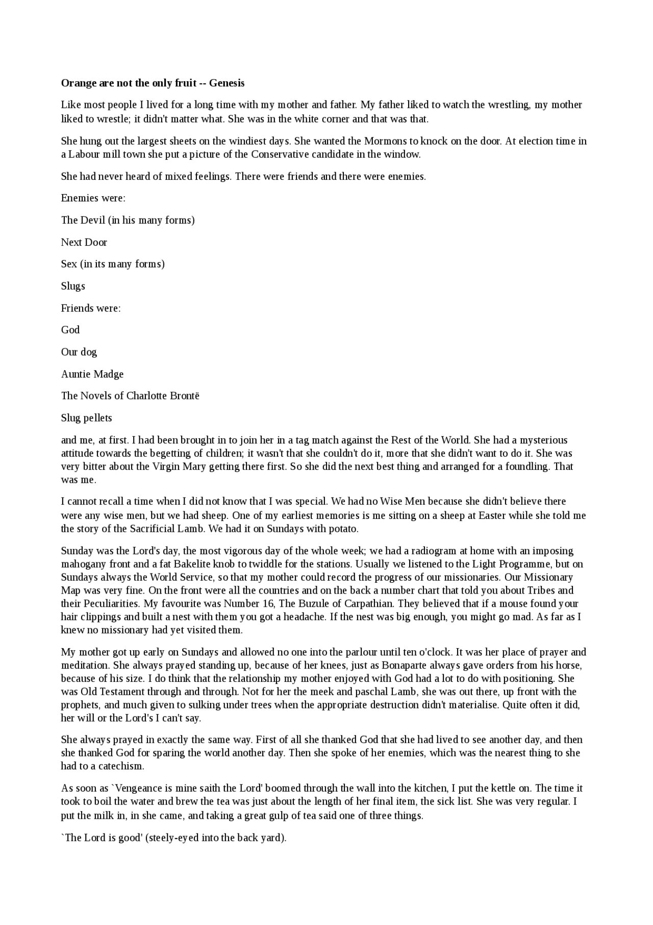 Oranges are not the only fruit GENESIS by Winterson